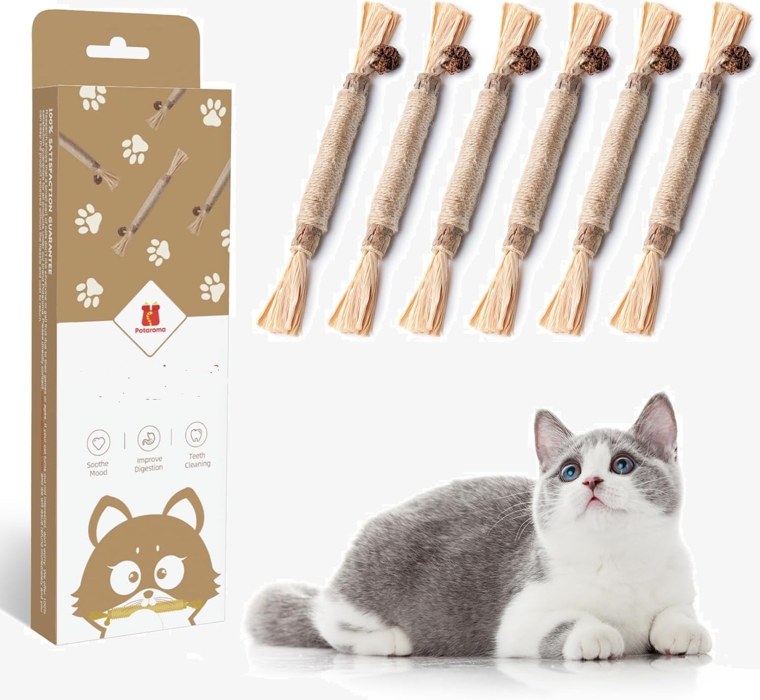 Potaroma Lot de 6 Bâtonnets Naturels pour Chats – Jouets à Mâcher avec Cataire & silvervine pour Jeu Interactif et Nettoyage des Dents
