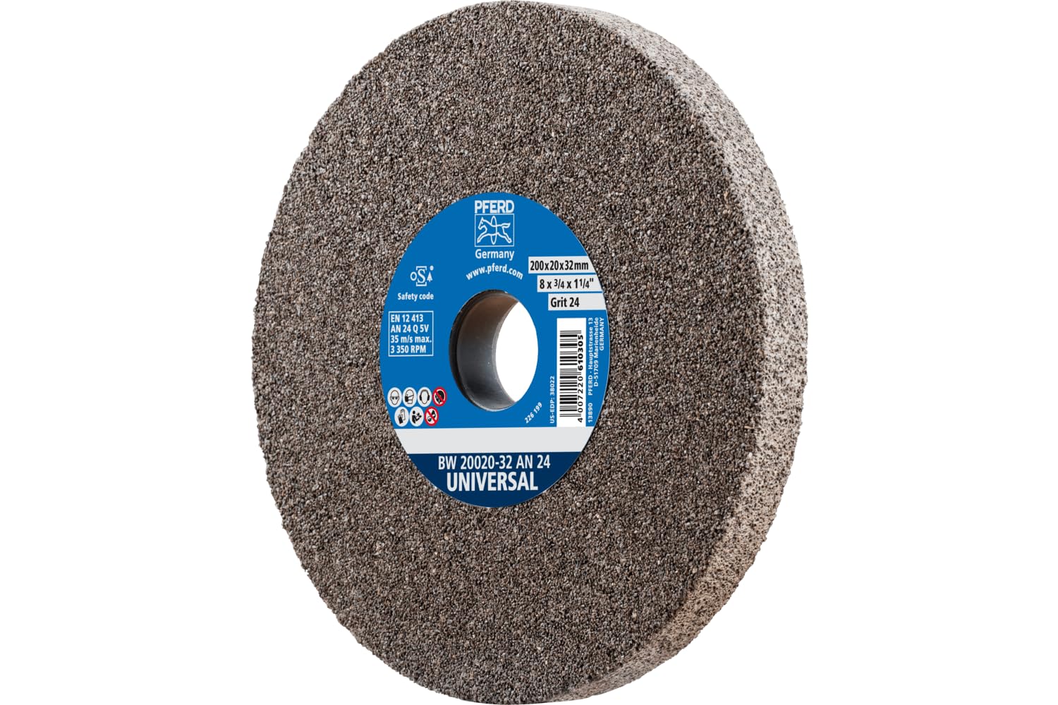 PFERD Vitrified Bench Grinding Wheel – Universal, 8" Diameter, 3/4" Thick, 2" Arbor, 36 Grit, Aluminum Oxide, for General Metalworking - Part 61677