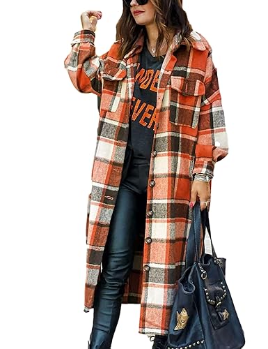 Himosyber Women's Casual Plaid Lapel Woolen Button Up Pocketed Long