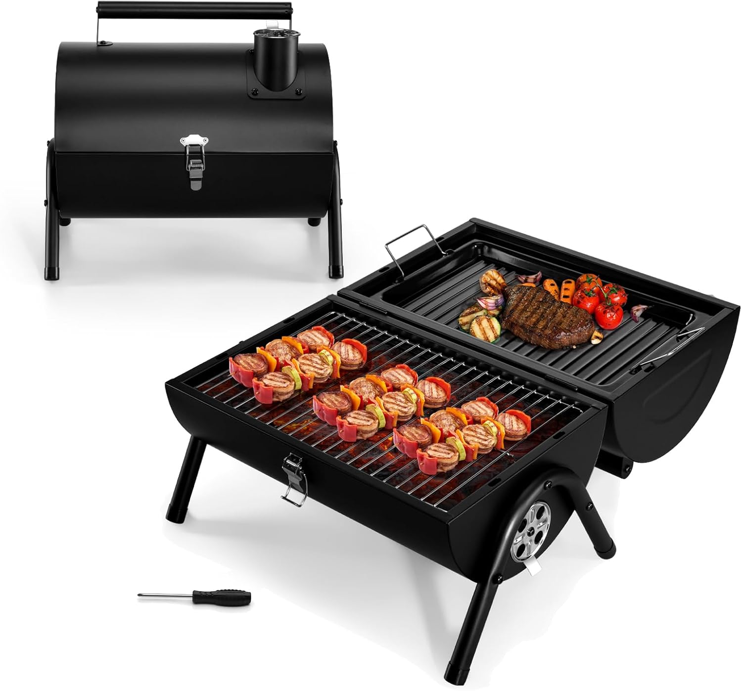 Leonyo Portable Charcoal Grill, Small BBQ Grill with Food Tray & Rack, Metal Small Tabletop Barbecue Smoker Ideal for Outdoor Camping Grilling Party Picnic, Two Side Carbon Griller(235Sq.in)
