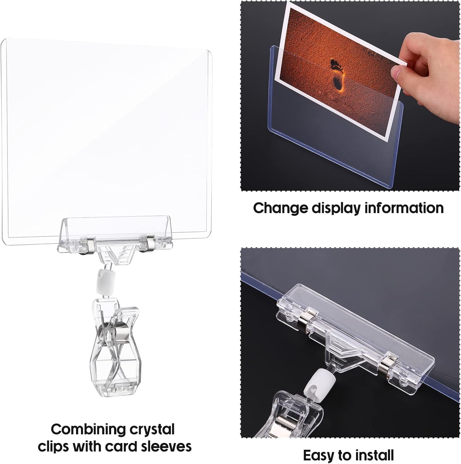 Epakh 40 Pieces Rotating Clip Pop for Retail Display, Swivel Sign Rotatable Merchandise Holding Clamp Holder for Hanger Rails or Tubes with 40 Pieces Hard Card Sleeves PVC Protector - Image 3