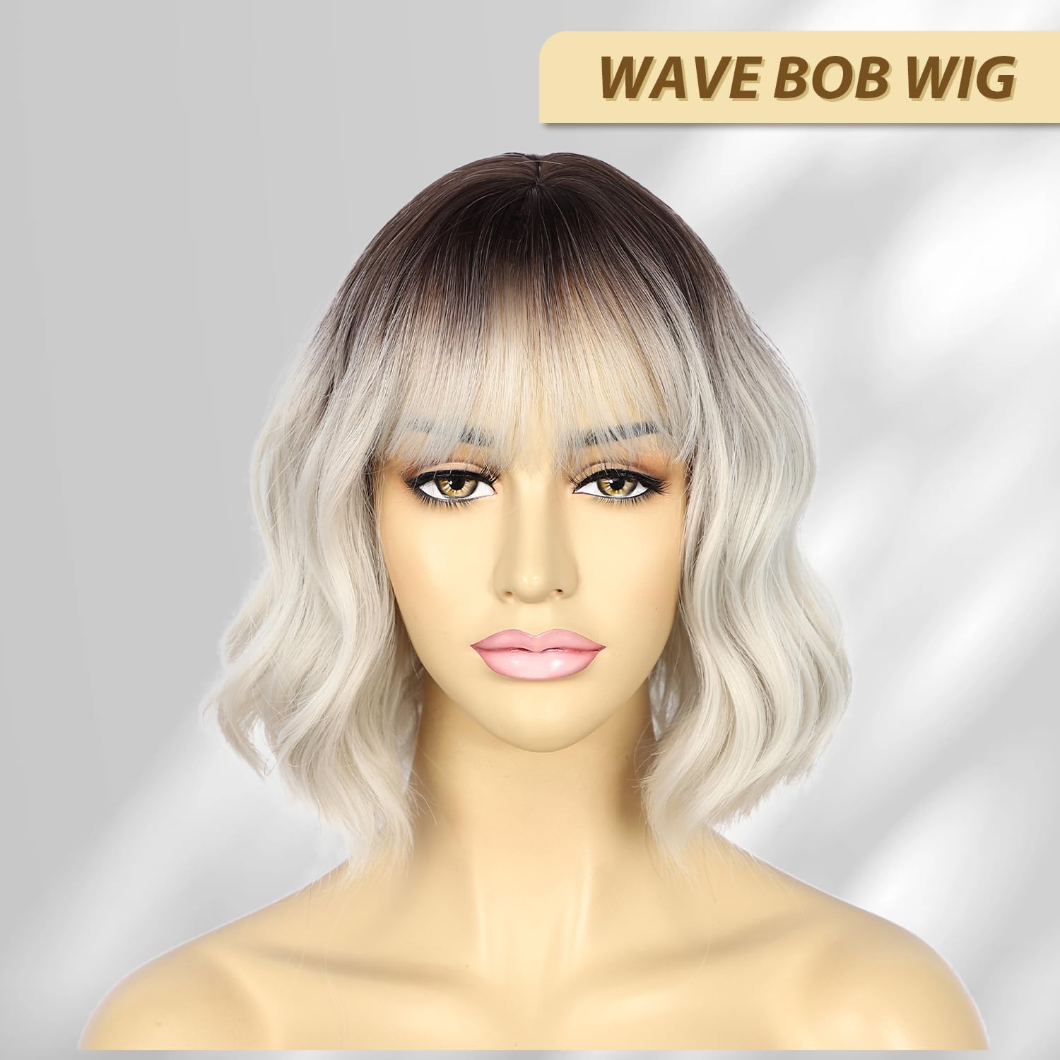 Sapphirewigs Silver Wig Synthetic Short Wavy Bob Wig Fringe Ombre Grey Dark Roots Daily Party Date Christmas Halloween Natural Looking Hair 12 inch - Image 2