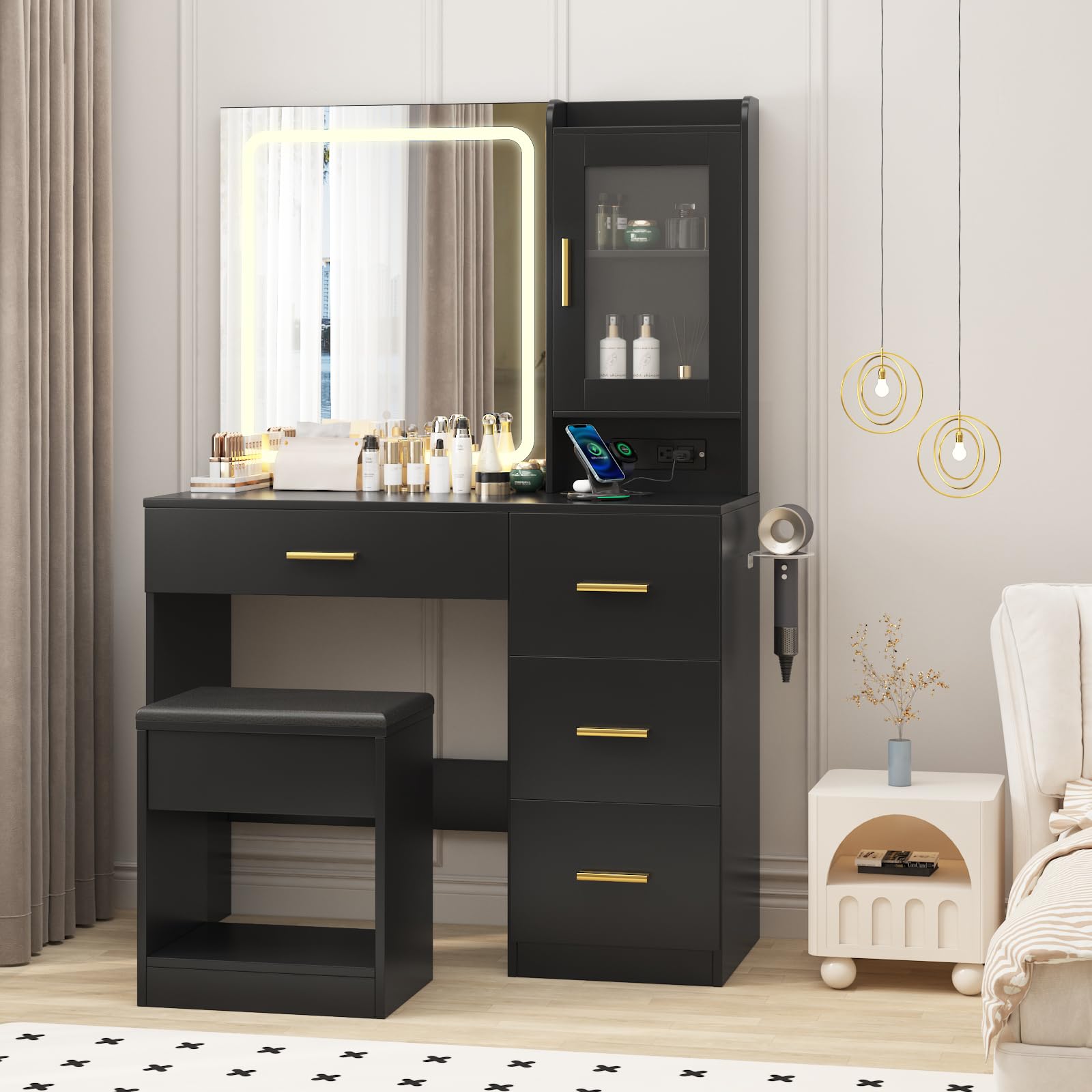 Vanity Desk with Mirror and Lights,Modern Makeup Dressing Table with Built In Outlets, Storage Stool,4 Drawers & Hair Dryer Holder,Vanities with 3
