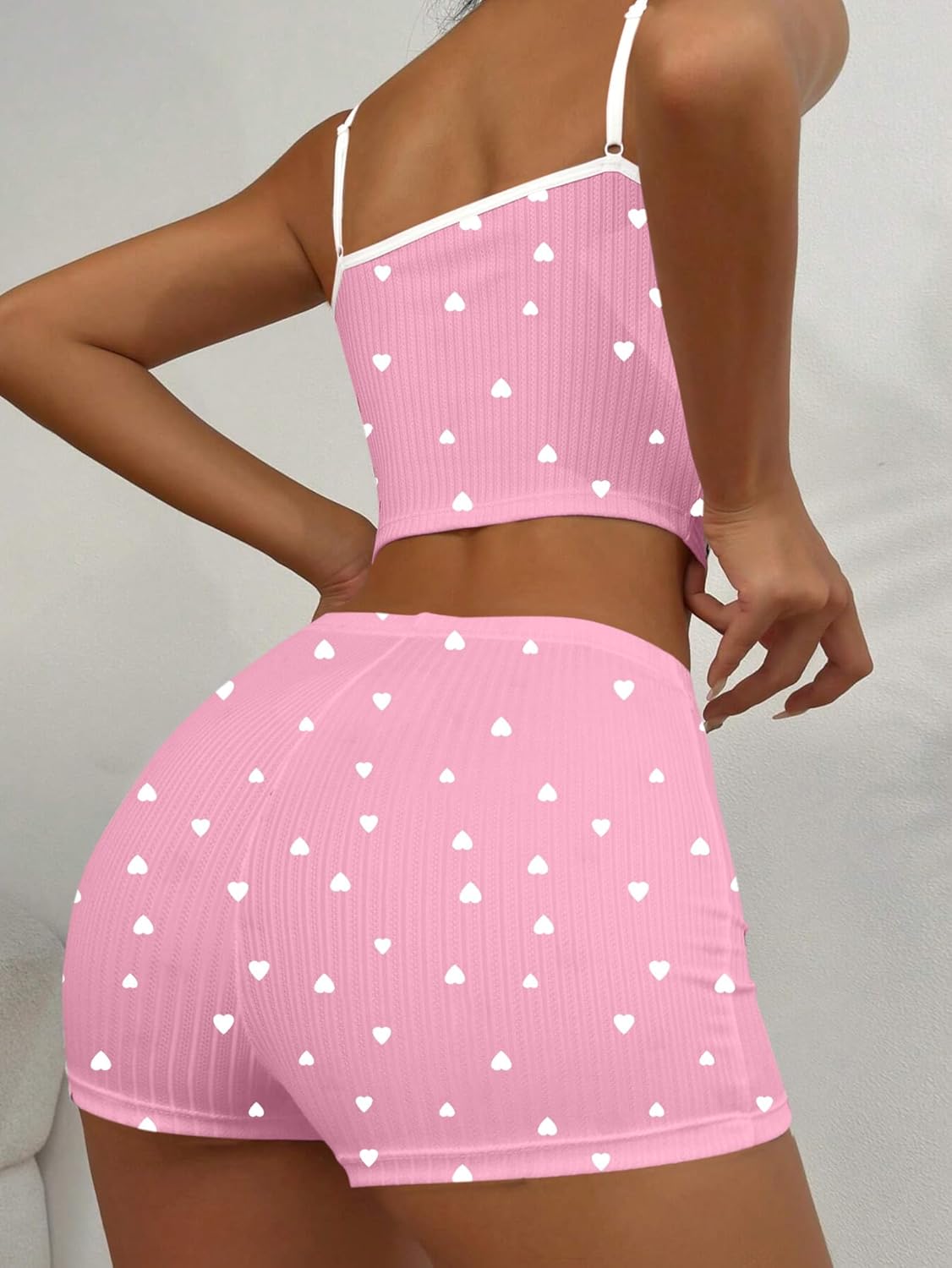 Hilinker Womens Graphic 2 Piece Pajama Set Summer Cute Crop Cami and Shorts Ribbed Lounge Sets - Image 2