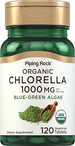Piping Rock Chlorella | 1000mg | 120 tabletas | Algas azul-verde | Pared celular rota orgánica | Suplemento sin OMG, sin gluten