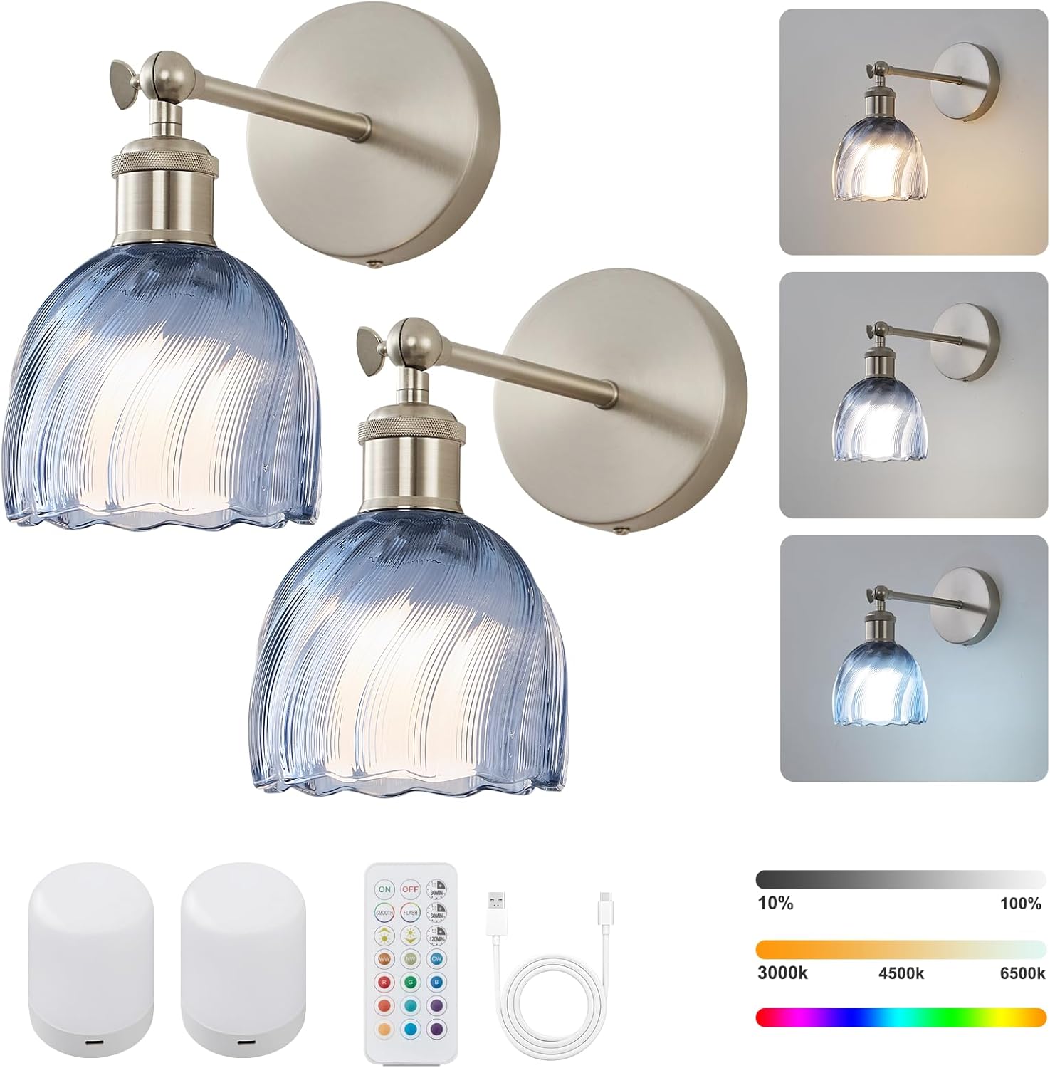 Vintage Battery Powered Cordless Wall Sconce Set of 2, Battery Wall Sconce with Blue Glass Lampshade, Rechargeable Battery Powered Wall Lights with Remote Control for Bedside Bedroom Doorway