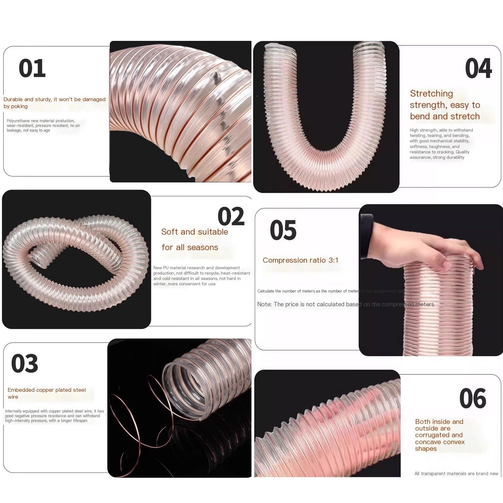Manguera de recogida de polvo resistente, manguera de vacío flexible transparente con hélice de alambre reforzado, diseño anticolapso para sistemas de polvo de carpintería
