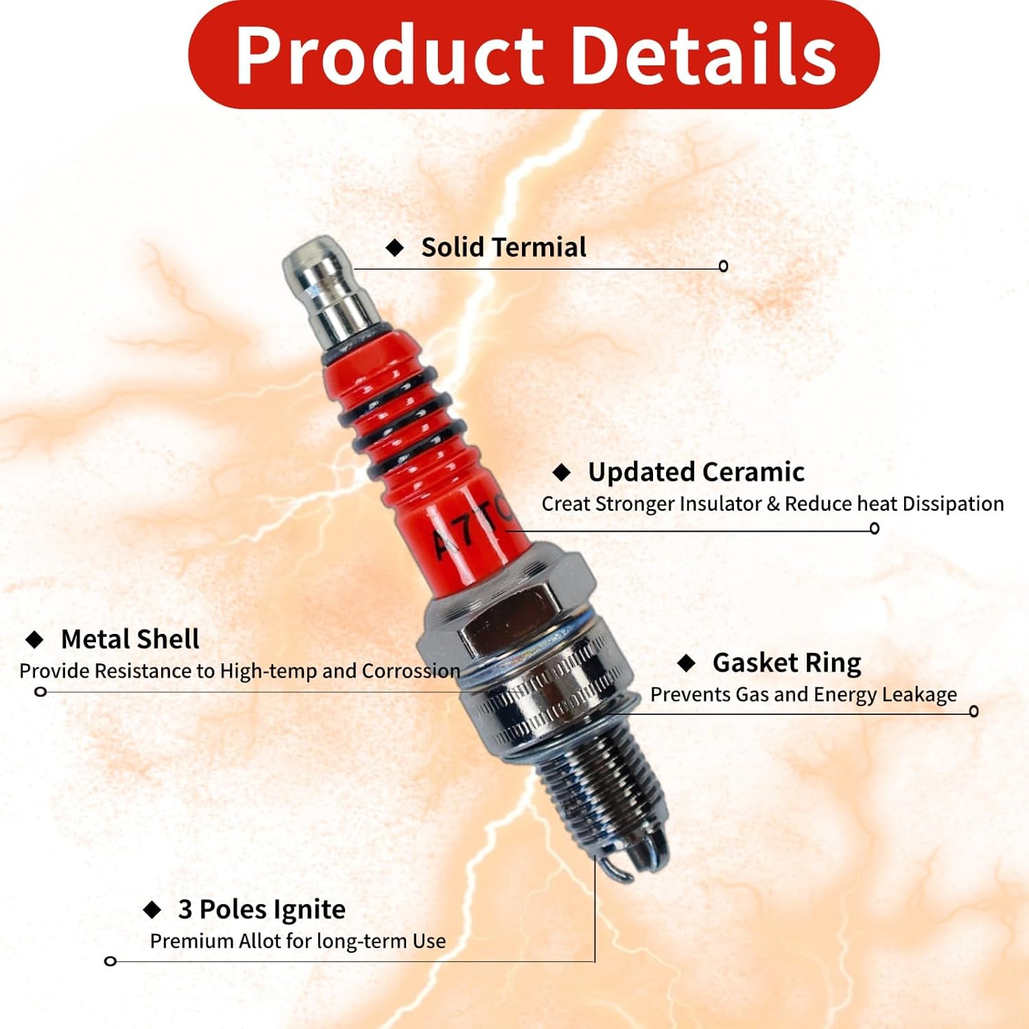 C7HSA A7TC Spark Plug High Performance 3 Electrode Iridium Replacement for GY6 Engine 50cc 70cc 90cc 110cc 125cc Motorcycle, CR7HSA A7RTC CR6HSA C6HSA Spark Plug Dirt Bike Go Kart Scooter ATV 4Pcs