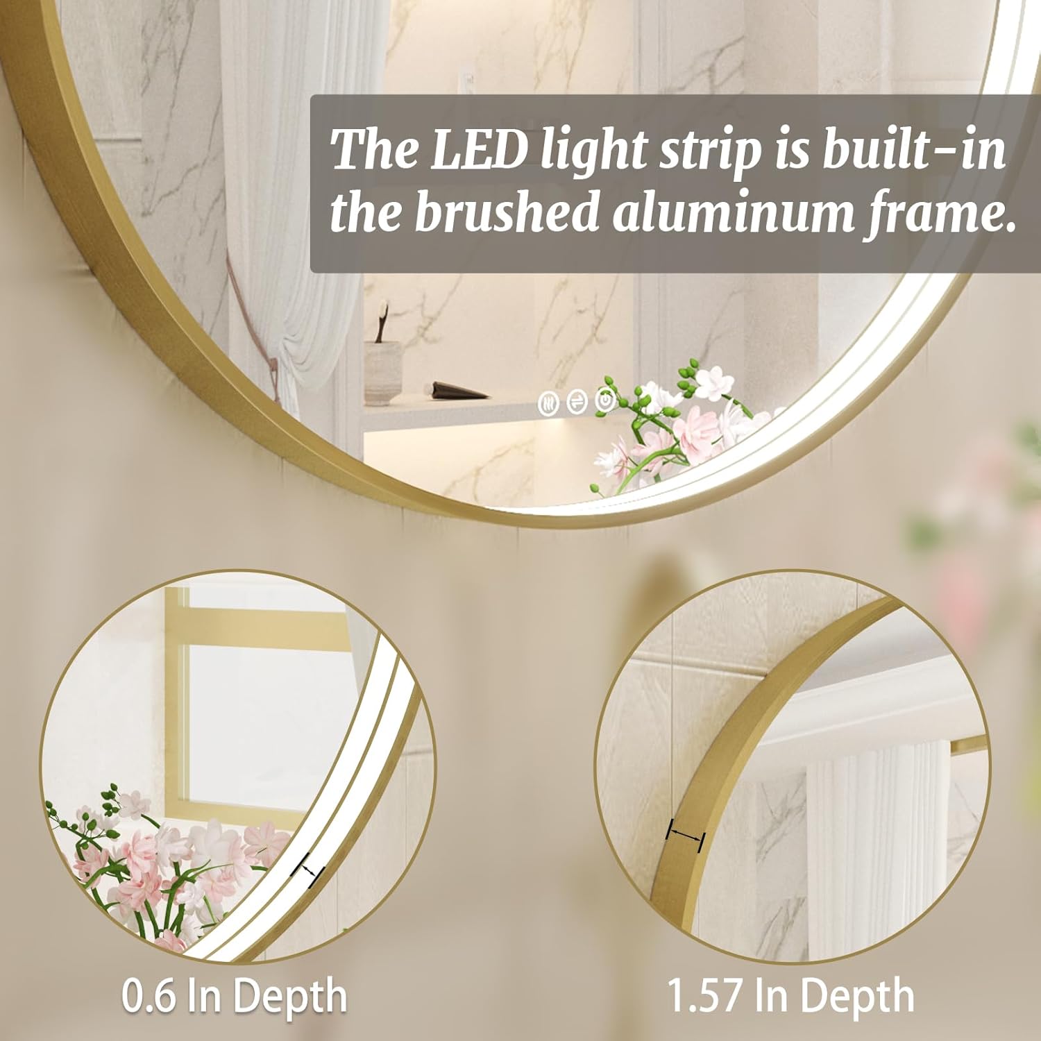 24 Inch Round LED Bathroom Mirror, Gold Metal Framed Lighted Mirror for Bathroom, Wall Mouted LED Vanity Mirror with Lights, 3 Colors and Stepless Dimmable, Anti-Fog, Memory
