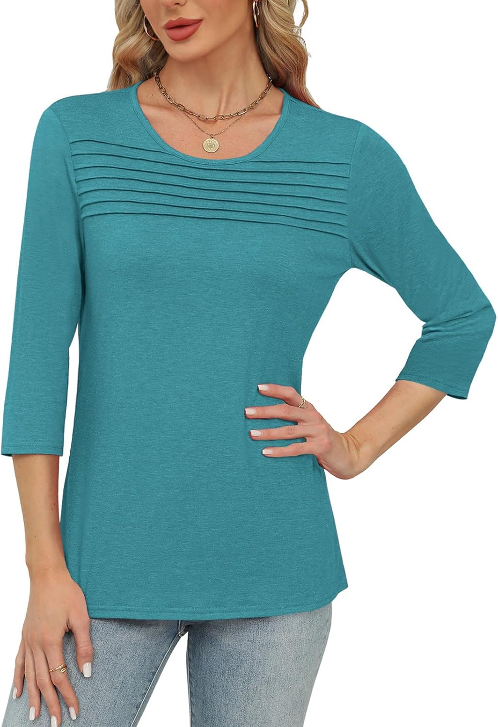 Spring Tops for Women 3/4 Length Sleeve Crew Neck Pleated Blouse Dressy Casual Womens Tops S-XXL - Image 4
