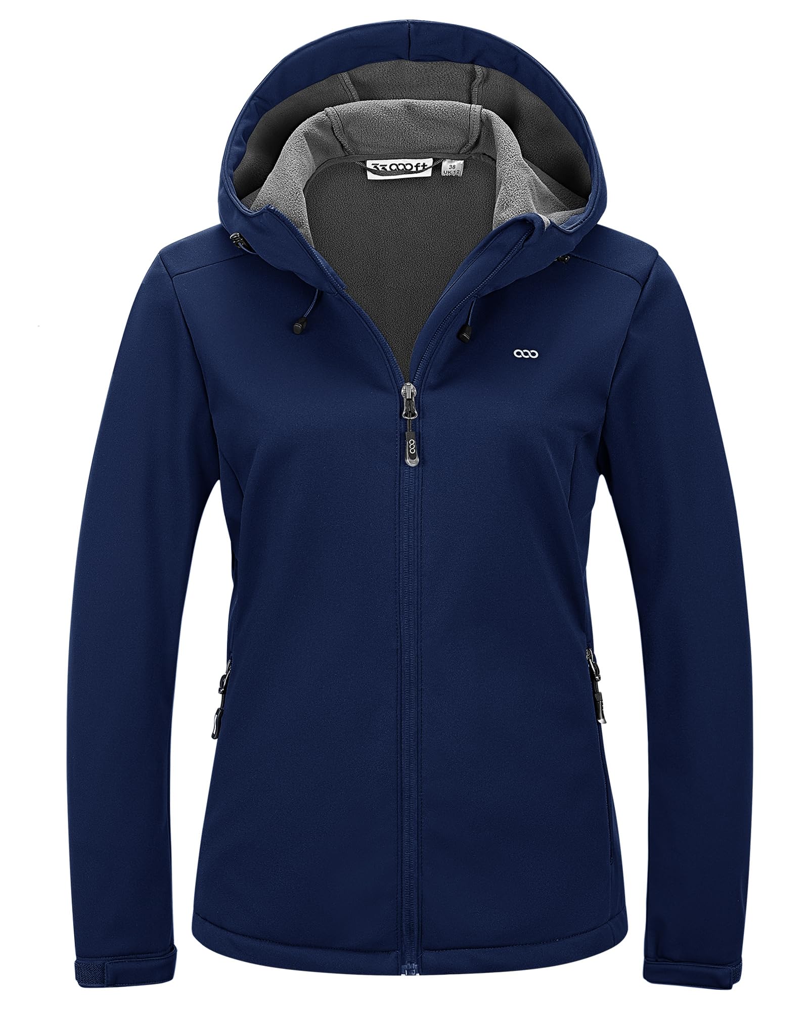 33,000ft Damen Fleece Gefütterte Softshelljacke Wasserdichte Funktionsjacke Fahhradjacke mit Kapuze Winddichte Übergangsjacke Windbreaker zum Radfahren, Wandern Navy 40