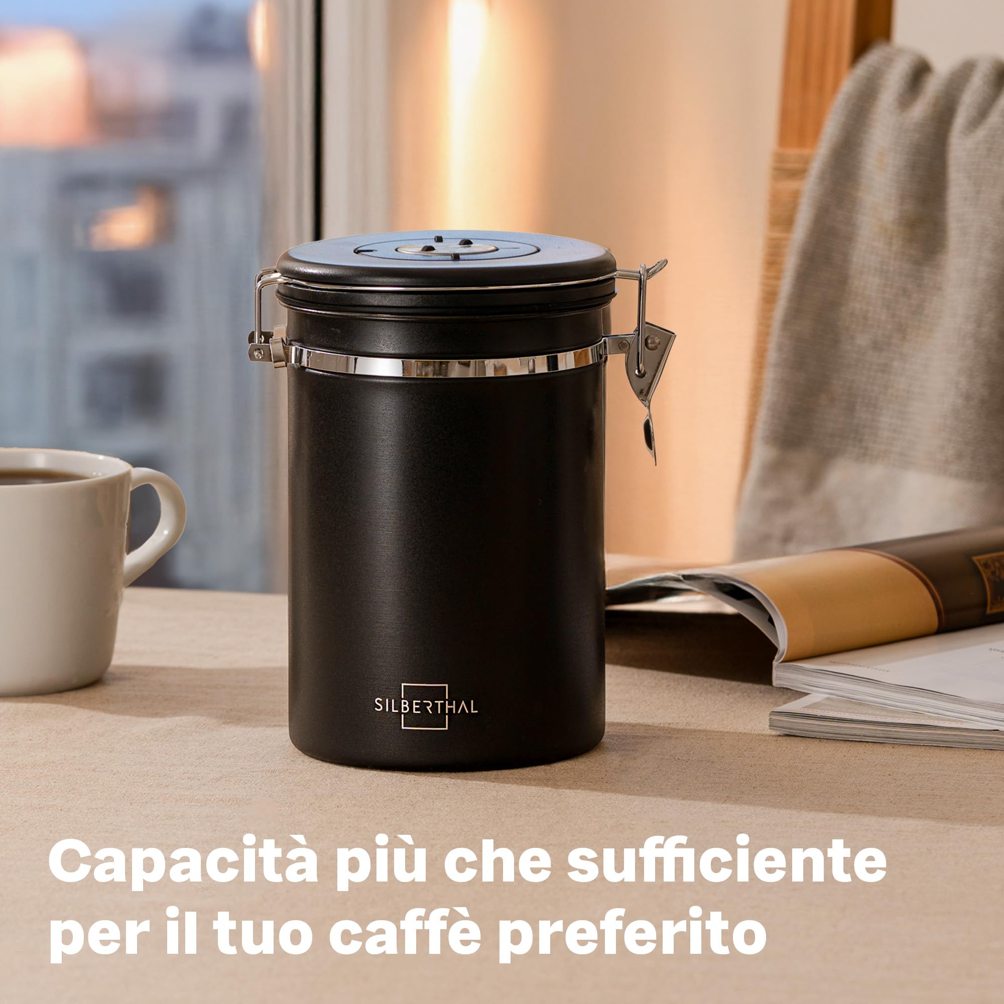 SILBERTHAL Porta caffè ermetico 500g - Acciaio inox con cucchiaio dosacaffè - Contenitore caffe in grani o macinato