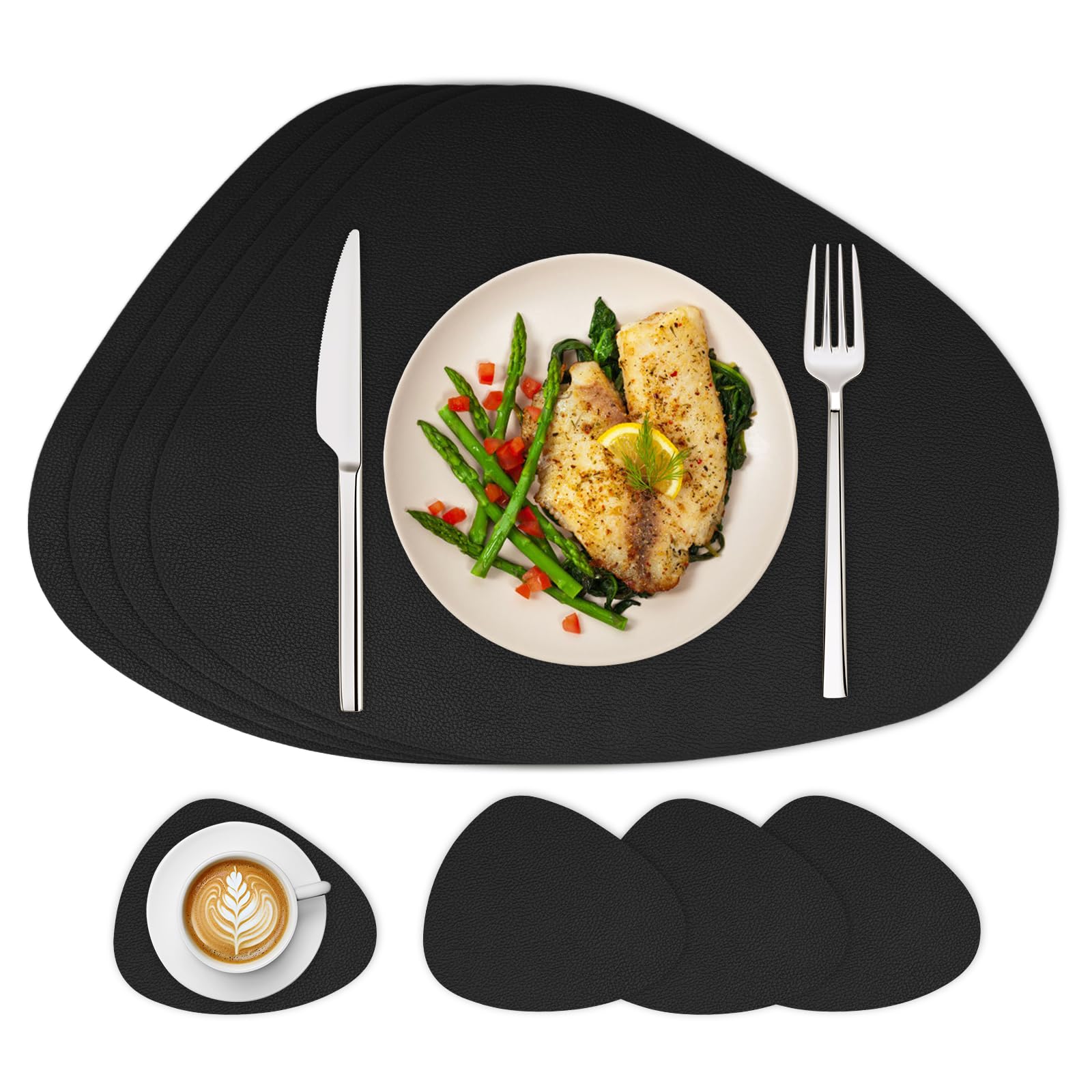 Famibay Platzsets Abwaschbar Tischsets Leder Platzdeckchen rutschfest Schwarz Tischset und Untersetzer 4er Set Hitzebeständig für Tisch Deko Esstisch Esszimmer