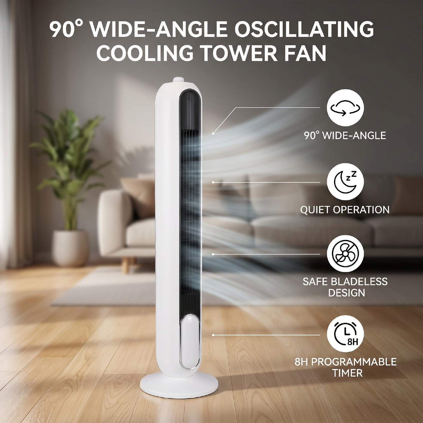 TOPINCN Cichy Wentylator Wieżowy, Bezłopatkowy Wentylator o Szerokim Kącie 90° z 8-godzinnym timerem. (wtyczka UE 220V)