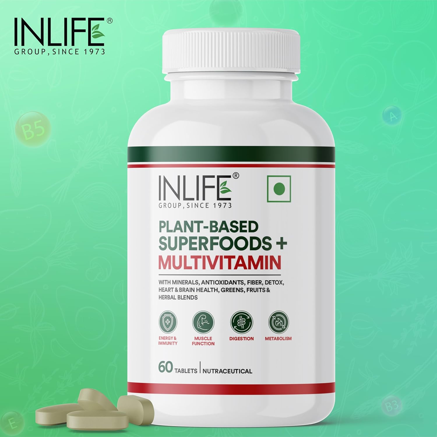 Inlife plant based multiwitamin tablet for men and women | 75+ materials with vitamin B12, D3, superfoods, greens, vegetables, fruits and herbs complement for impint - 60 tablets Inlife plant based multiwitamin tablet for men and women | 75+ materials with vitamin B12, D3, superfoods, greens, vegetables, fruits and herbs complement for impint - 60 tablets