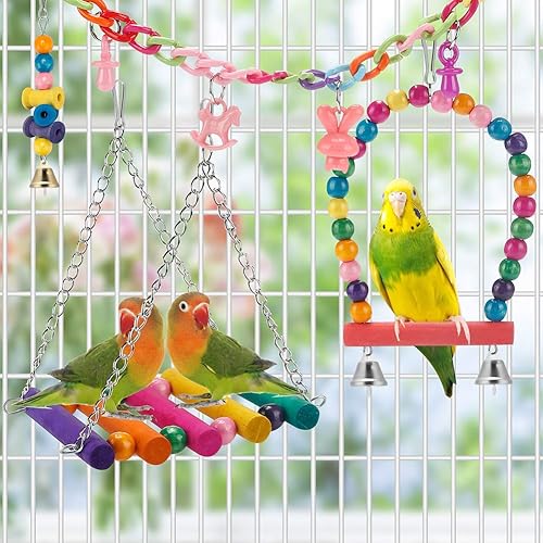 Miniatura 3 de Hamaca colgante de pie para masticar, escalera, jaula de juguetes coloridos adecuados para periquitos, periquitos, conure, cacatúas, mynah, pájaros