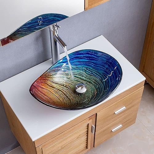 Lovedima Tempered Glass Vessel Sink,Multicolor Teardrop-Shaped Bathroom Vanity Wash Sink