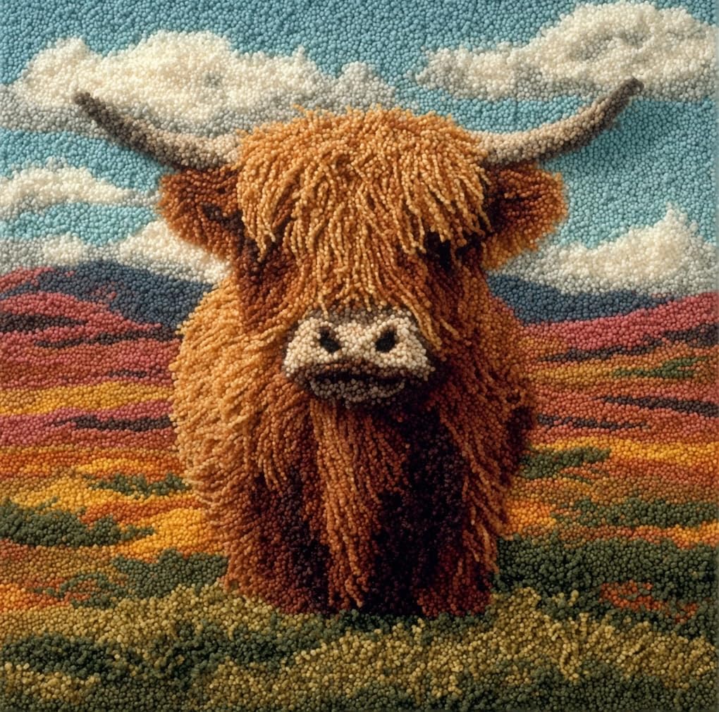 Taxpy Latch Hook Pillowcase Embroidery Kit,Highland Cattle, 17X17 Inch Pre-Printed Latch Hook Rug Cushion Cover Kits for Adults and Beginners Cross-Stitch Embroidery Cushion Kit for Home Sofa Deco