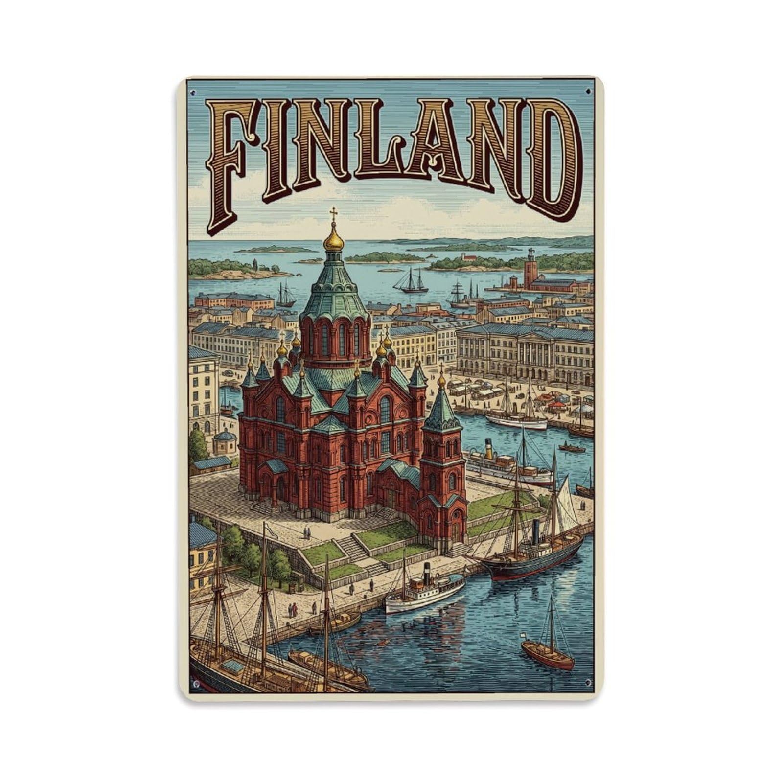 Olhnbad Style Finland Wooden Orthodox Church Heritage Travel Metal Tin Sign