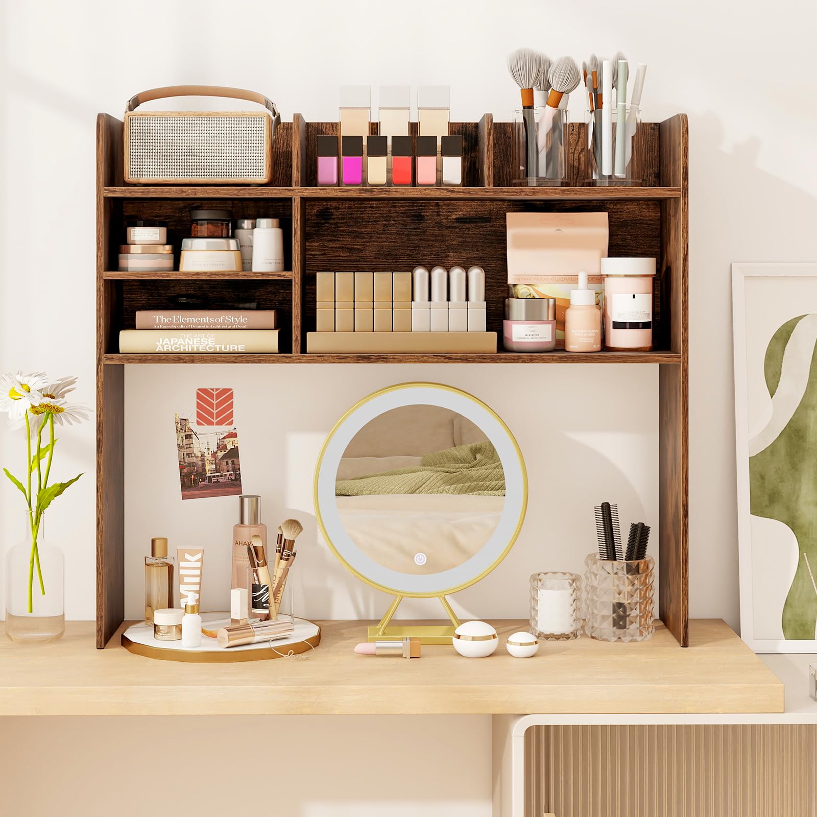 GIANTEX Estantería de Escritorio con 6 Estantes Abiertos, Mueble Organizador sobre Mesa con Kit Antivuelco, 94 x 24 x 85 cm, Estante Ajustable, para Plantas, Libros, Comésticos (Marrón)