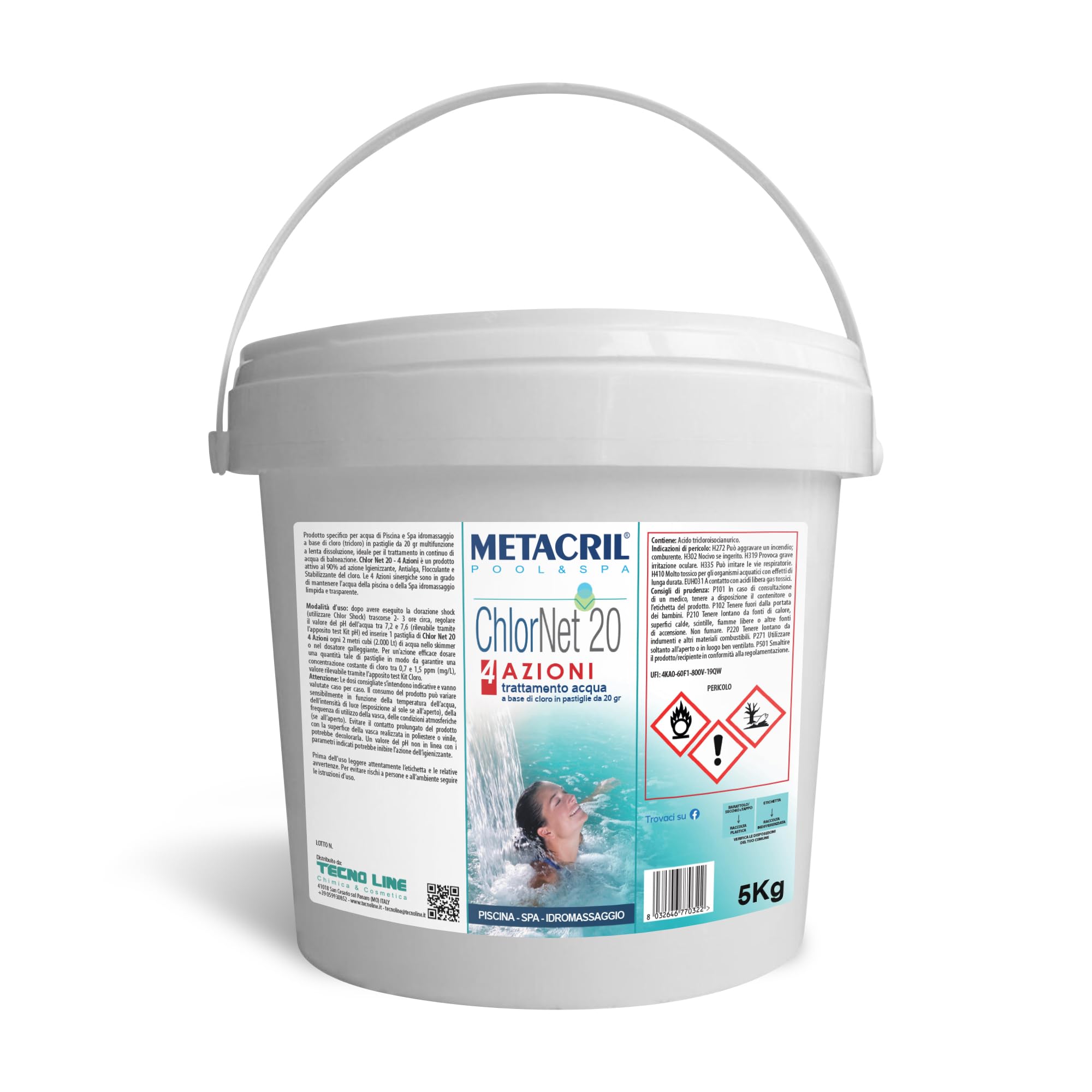 Metacril Chlor Net 20 4 Azioni, Cloro Multiazione in Pastiglie da 20gr- 5KG | Cloro Multifunzione a lenta dissoluzione per il Trattamento acqua di Piscina e Spa Idromassaggio