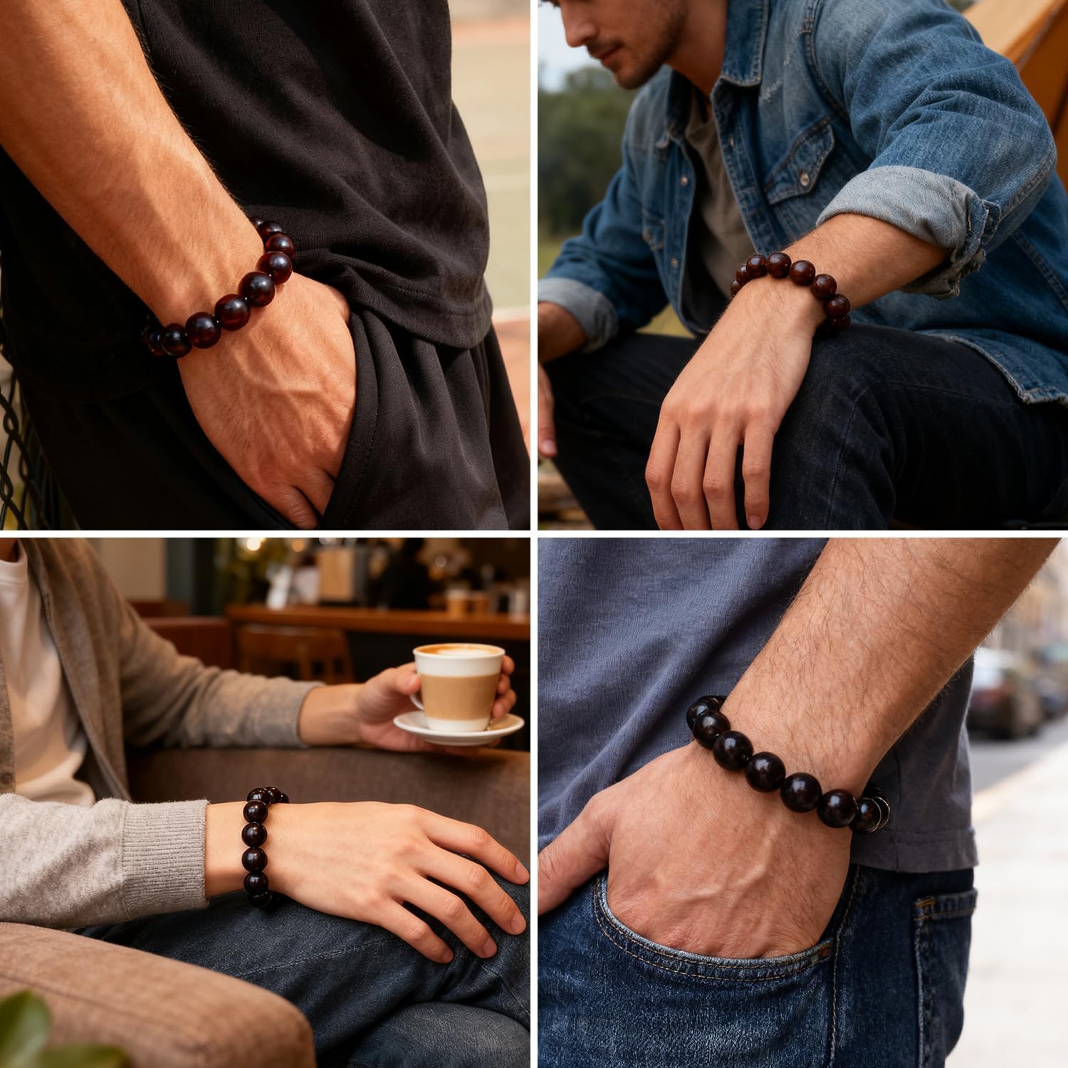 Meditaiton Men Beaded Bracelets, Handmade Sandalwood Mala Beads, Buddhist Prayer Red Wood Bracelets, Comfortable for Daily Wear Yoga Gift for Men