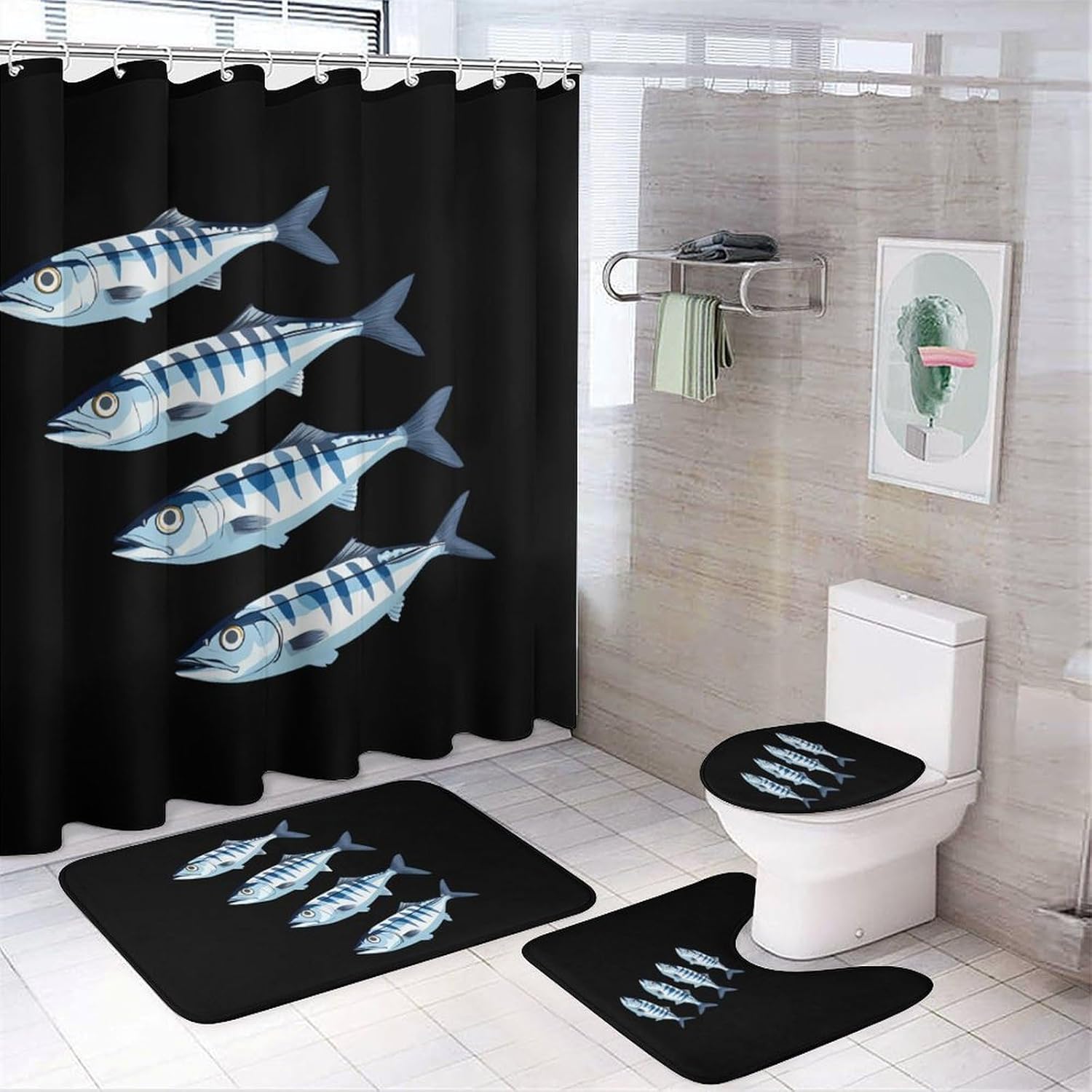 4 Mackerel Fish Modern Bathroom Sets with Shower Curtain and Rugs Decor 4 Pcs with 12 Hooks