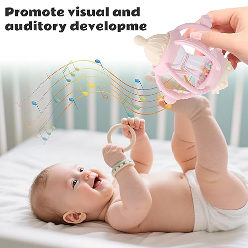 Miniatura 4 de Socub Sonajero para bebés de 0 a 12 meses, agitador sensorial 2 en 1 con chupete y bola de dentición de silicona suave, juguete masticable sin BPA