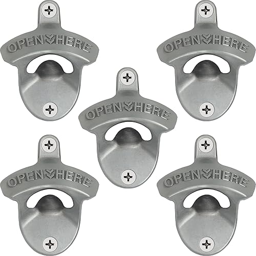 Abrebotellas montado en la pared inoxidable, abridor de tapa de cerveza de montaje de madera de plata envejecida para banco de mesa de poste (5