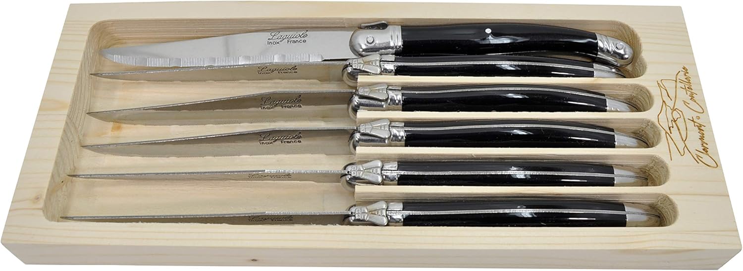 Laguiole Serrated Edge Sharp Premium Dishwasher Safe Full Tang Stainless Steel 6-Piece Steak Knife Set, Elegant Black Handle by Clermont Coutellerie