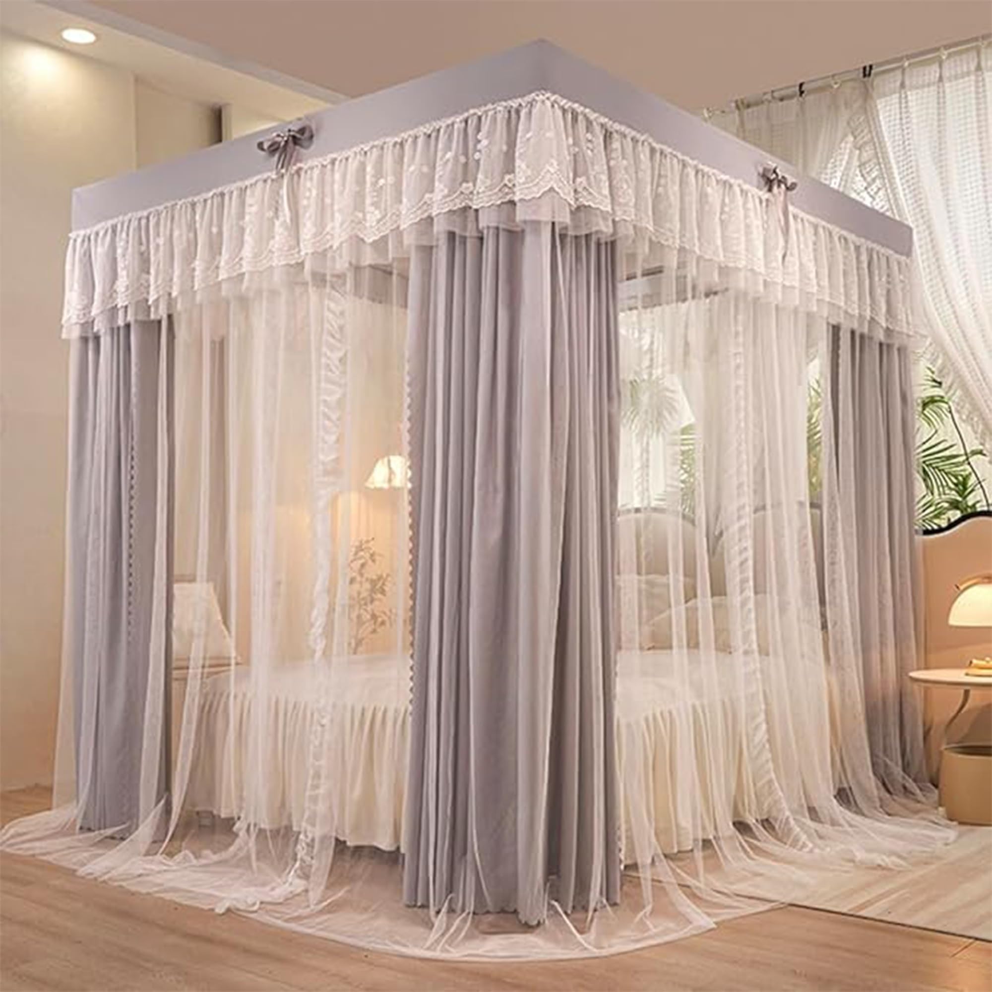 Lit Baldaquin Fille Princesse, Rideau De Lit Baldaquin Princesse avec Volants, 4 Ouvertures Moustiquaire Double Couche pour Chambre De Fille DéCoration Romantique,E,200 * 220cm* Without Stand
