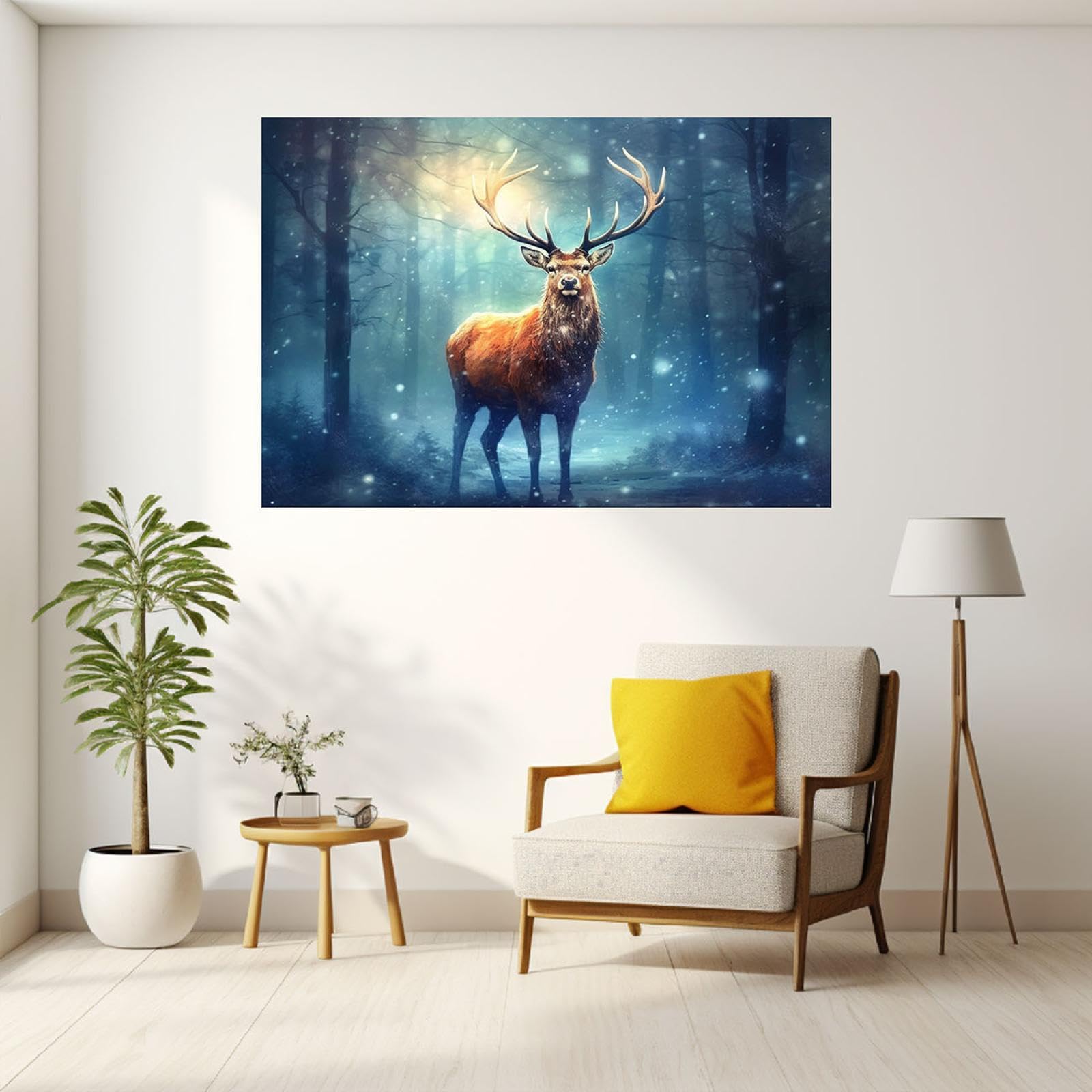 JOSUE Tier Bilder Aesthetic Leinwand,Abstrakter Winterwaldhirsch Blau Weiss Modern Kunstdruck Wanddeko Wandbilder Wohnzimmer-75x115cm Ungerahmt