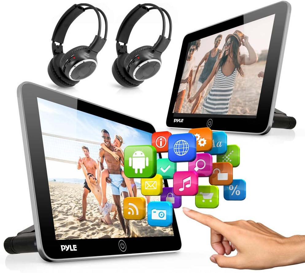 Android Car Monitor Headrest Touchscreen - Car Entertainment System - 10.5 Inch Dual Car Seat Mount Multimedia Player w/WiFi & Bluetooth - Mounting Bracket & Wireless Headphones - Pyle PLDANDHR1056KT