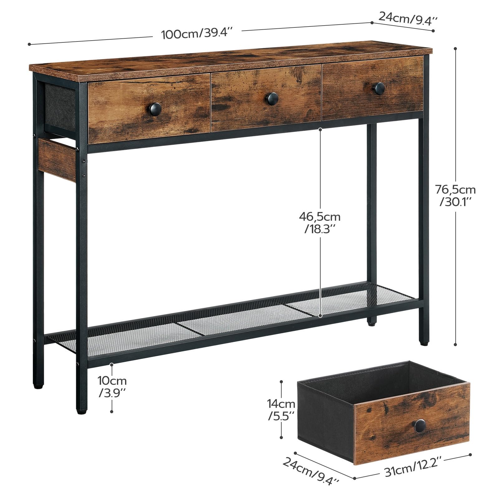 HOOBRO Mesa de Consola Estrecha con 3 Cajones, Mesa Auxiliar, Mueble Industrial para Sofá, con Estante de Almacenamiento, para Pasillo, Dormitorio y Recibidor, Marrón Rústico y Negro EBF83XG01