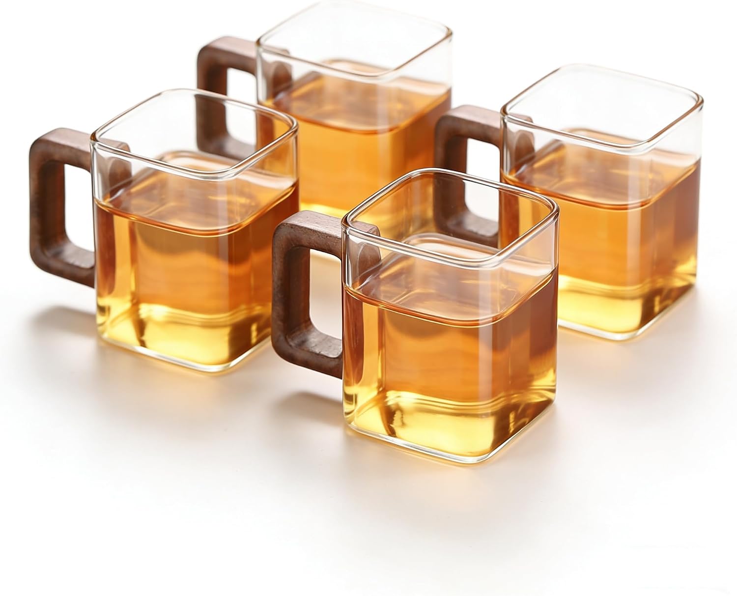 Square Glass Cups with Wooden Handle, Set of 4, Transparent Tea Glasses for Coffee, Modern Minimalist Drinkware