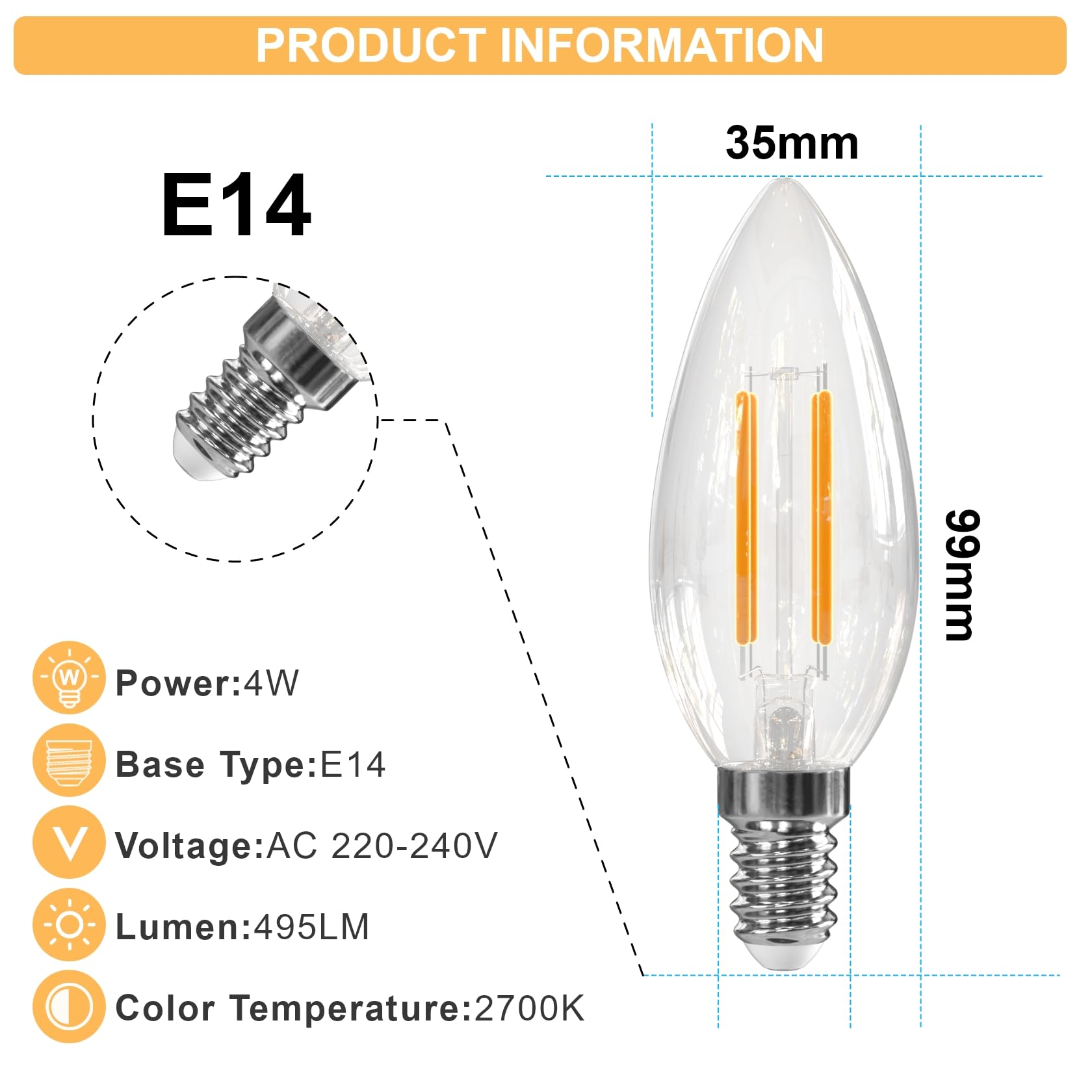 LUTW E14 LED Light Bulb, 4W 2700K C35 Candle Bulbs Small Screw Warm White, Equivalent 40W Vintage Bulb - Image 2