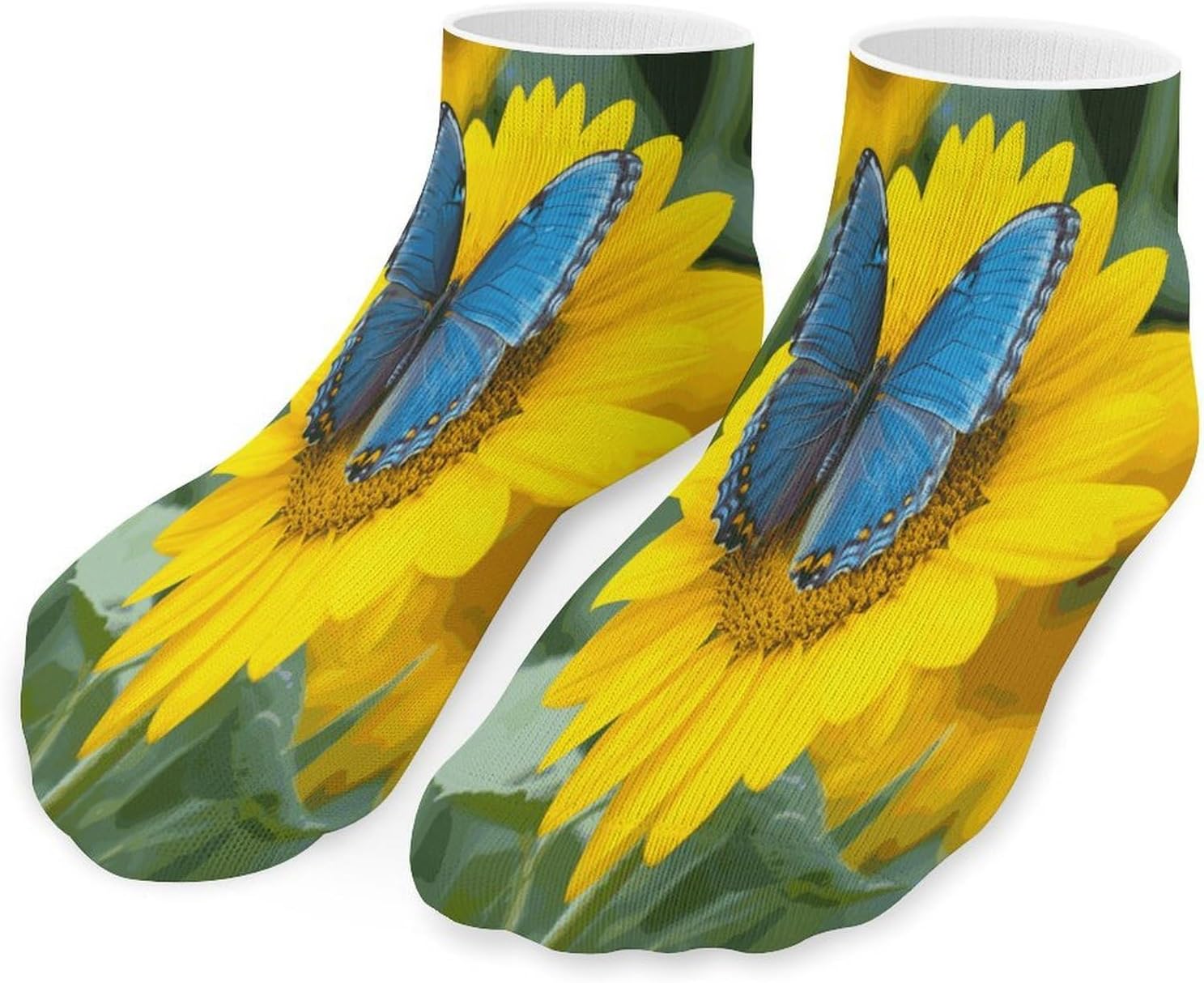 Sunflower Blue Butterfly Ankle Socks for Men Women 5 Pairs | Comfortable Casual Low Cut Socks, Lightweight No Show Breathable Athletic Socks, Soft Mini Crew Socks for All Seasons