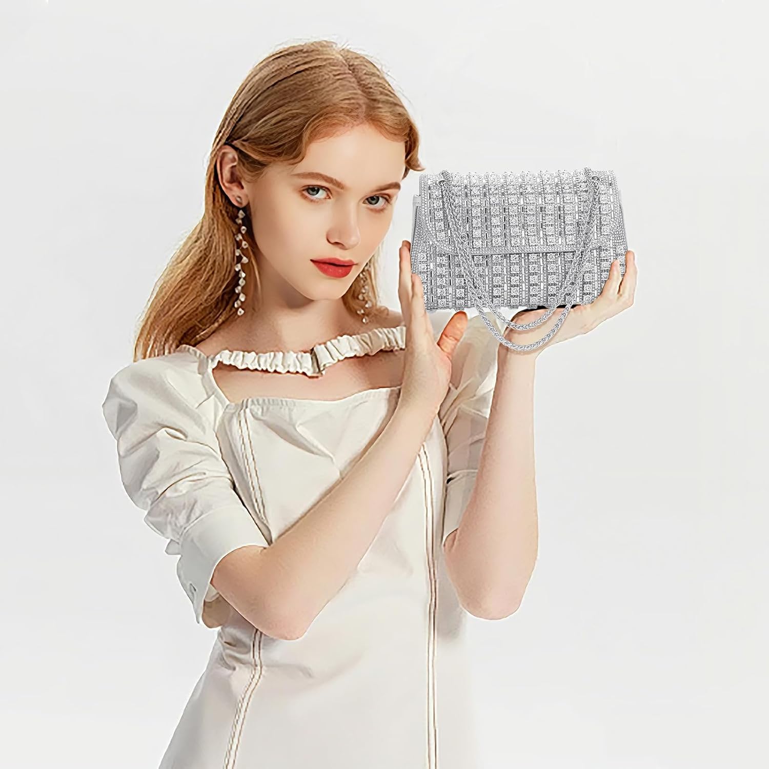 RNIEGA Sparkling Rhinestone Evening Clutch Handbag Purse Ladies Crossbody Shoulder Bag with Metal Chain for Wedding Party