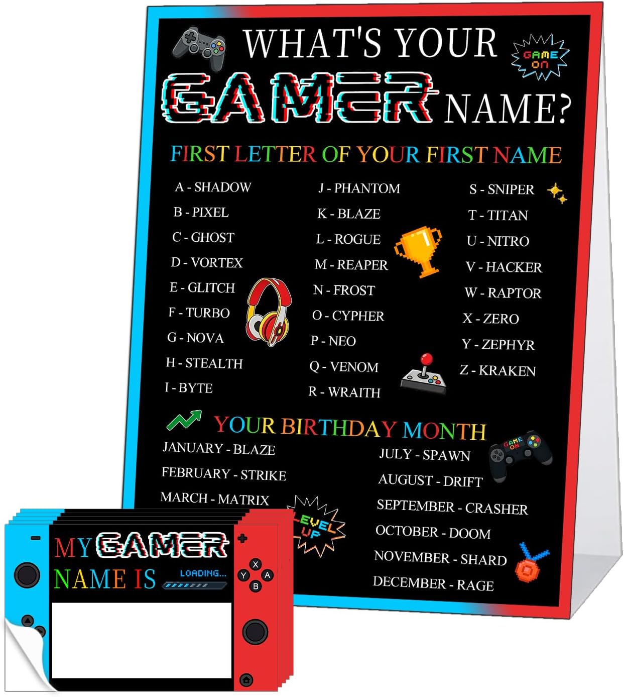 What's Your Gamer Name Game Set, Gamer Birthday Party Decorations, Gaming Party Game, Video Game Party Activity for Birthday Party, 1 Gamer Name Game Sign, 30 Gamer Name Stickers