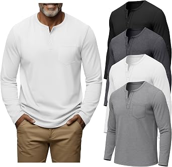 August Alley 4 Pack Mens Big and Tall Henley Shirts Long Sleeve 3 Button T Shirt Casual Solid Basic Tee Tops with Pocket