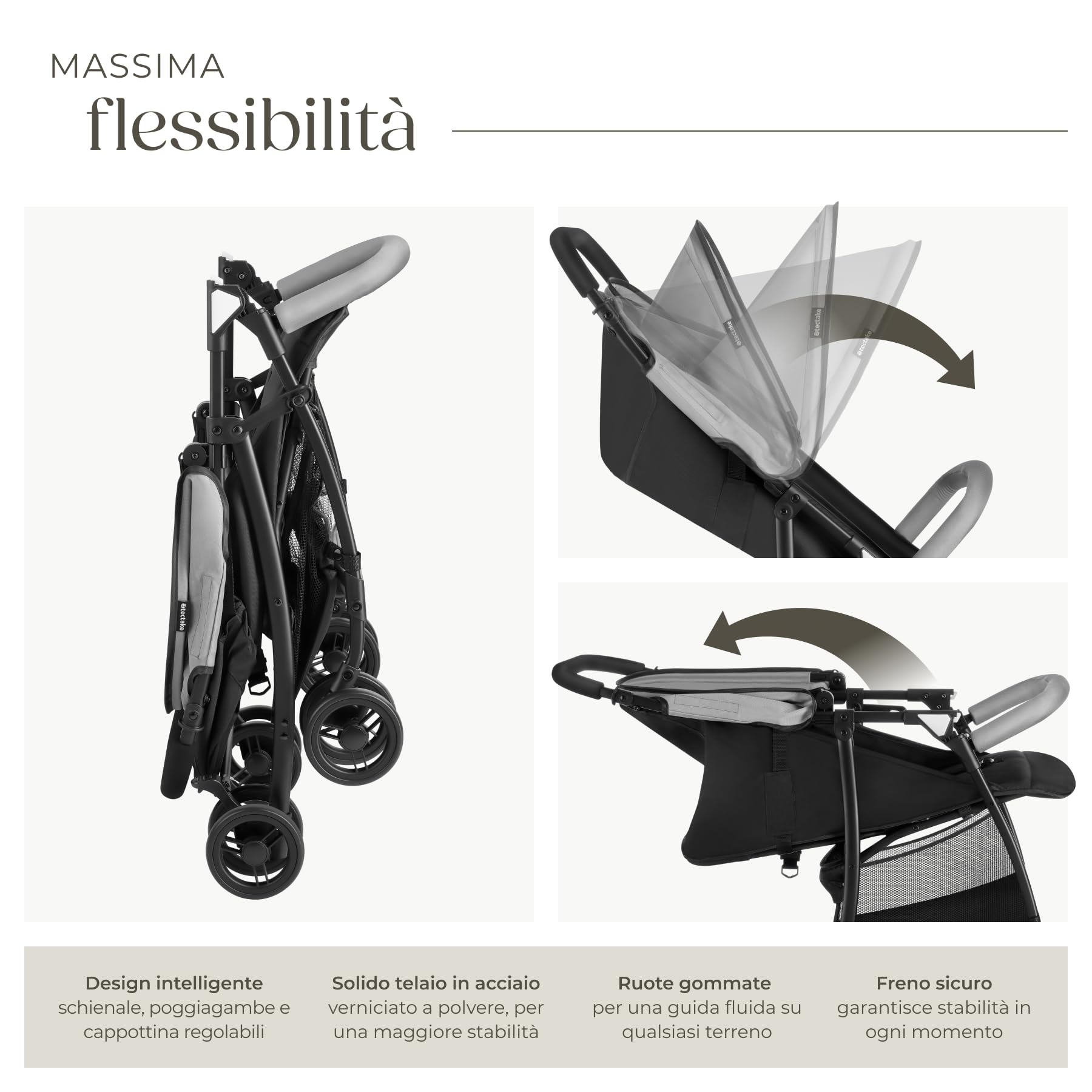 tectake® Passeggino Pieghevole per Bambini da 0 a 3 Anni, Passeggino Leggero con Cintura a 5 Punti Regolabile, Freno a Pedale, Tettuccio Parasole, Ruote Girevoli, Freno a Pedale – Nero
