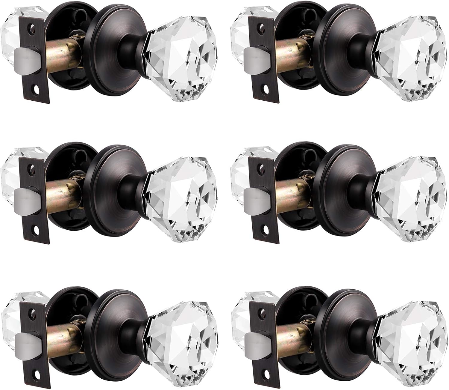 Probrico Faceted Crystal Door Knobs, Hall/Closet Passage Door Knobs, Heavy Duty Glass Knobs with Oil Rubbed Bronze Round Rosettes,6 Pack