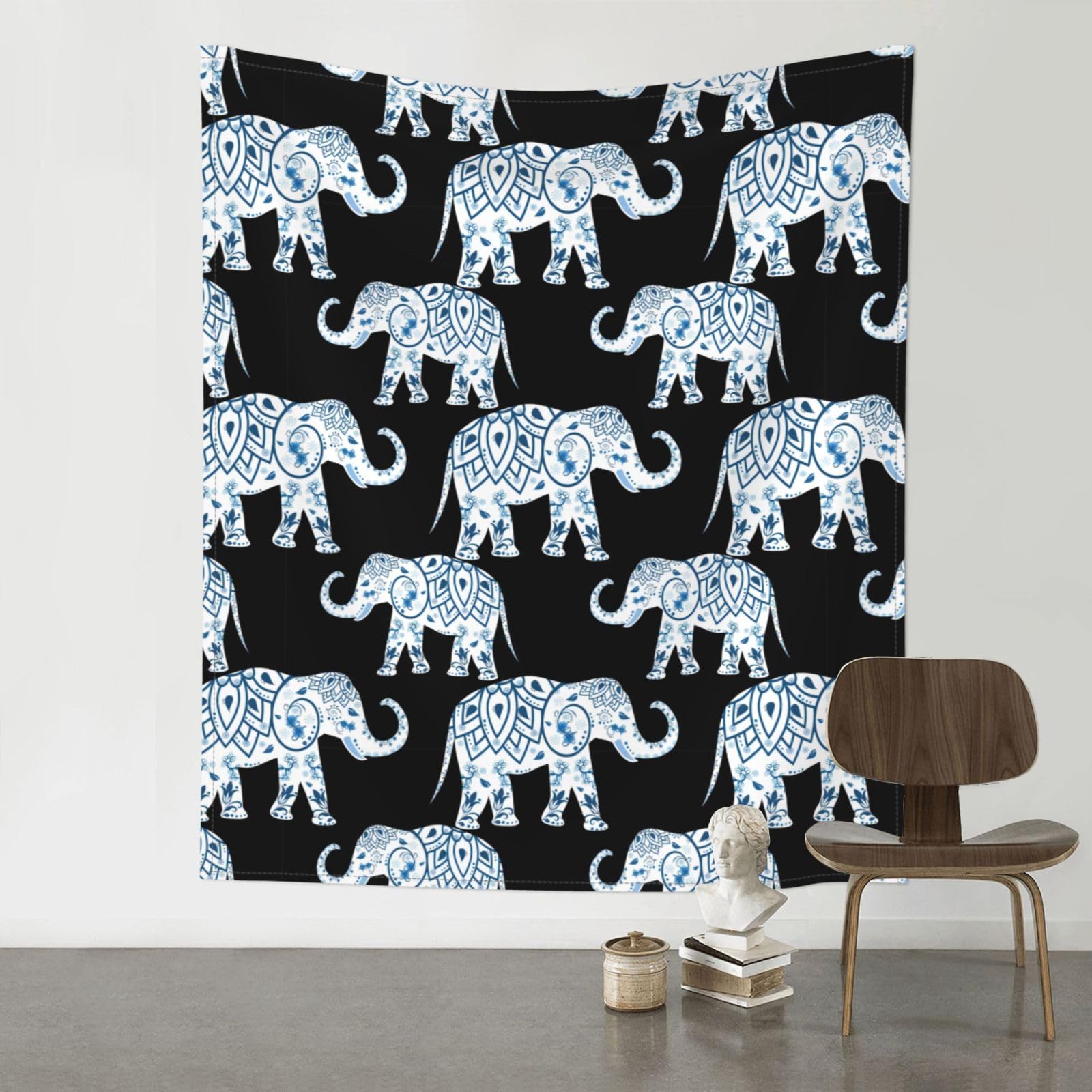 YYHWHJDE Elephant-Blue Black Prints 60x51in Wall Tapestry – High-Grade Polyester Throw for Dorm, Beach & Home Decor