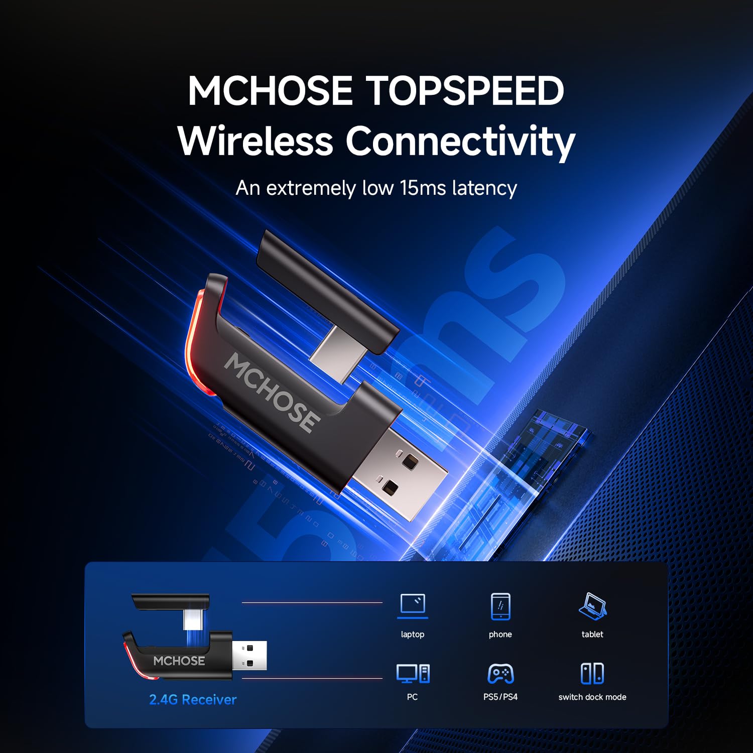 MCHOSE V9 Pro Cuffie da gaming wireless con microfono rimovibile, audio surround 7.1 per eSport, driver da 53 mm, connessione Tri-Mode, per PC, Mac, PS5, PS4, Switch - Nero