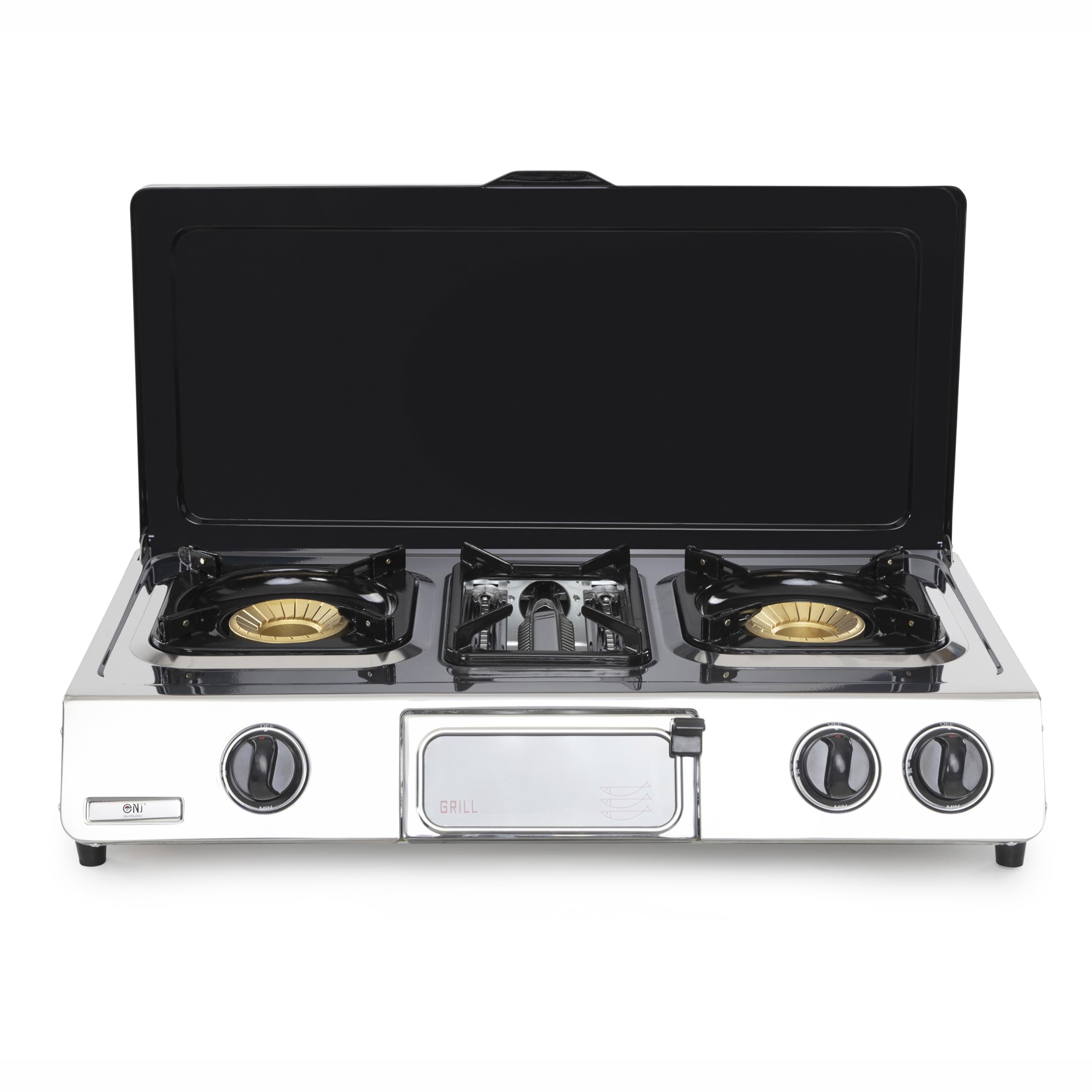 NJ G-78C - Fornello a gas a 2 fuochi, griglia e forno in acciaio inox, copertura per barbecue da esterno, 70 cm