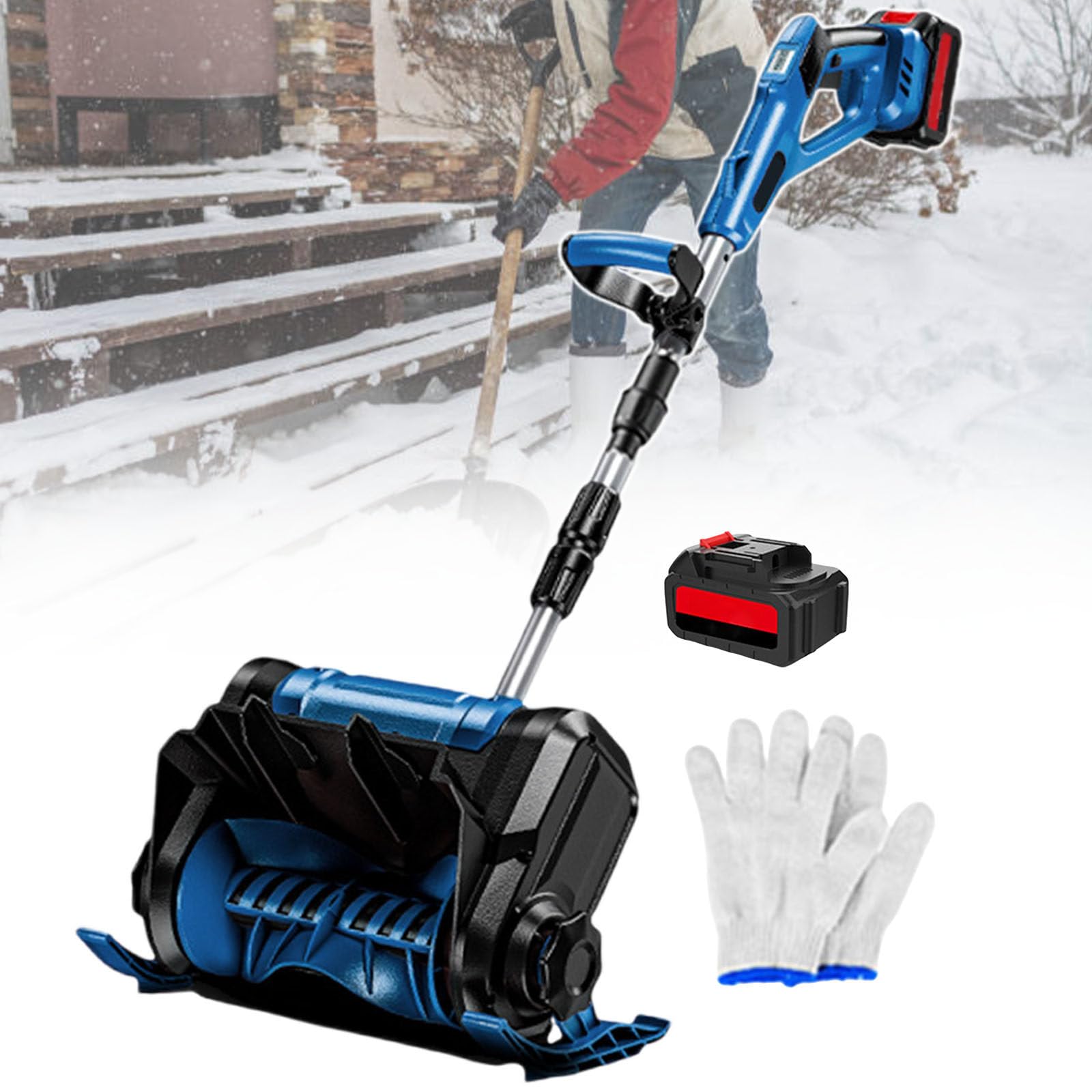 Pala da Neve Elettrica per Uso Domestico,Spazzaneve Portatile,Larghezza di Pulizia Fino A 30cm,Asta in Lega di Alluminio Pieghevole,Spazzaneve Ricaricabile per Esterni Blue-1battery