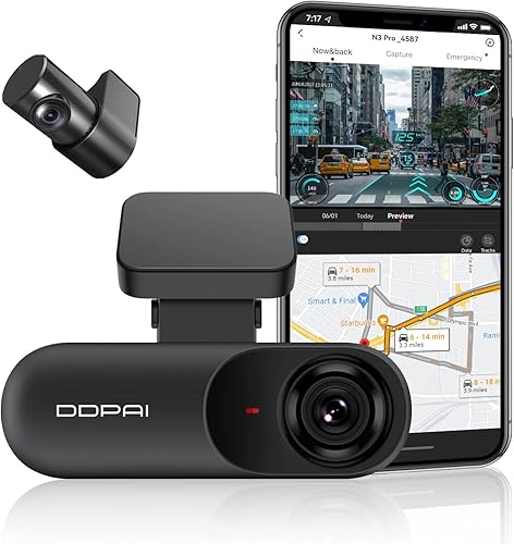 DDPAI Cámara de tablero frontal y trasera de 2.5 K, cámara de tablero dual FHD de 1600P+1080P para automóviles con aplicación, WiFi integrado, GPS,