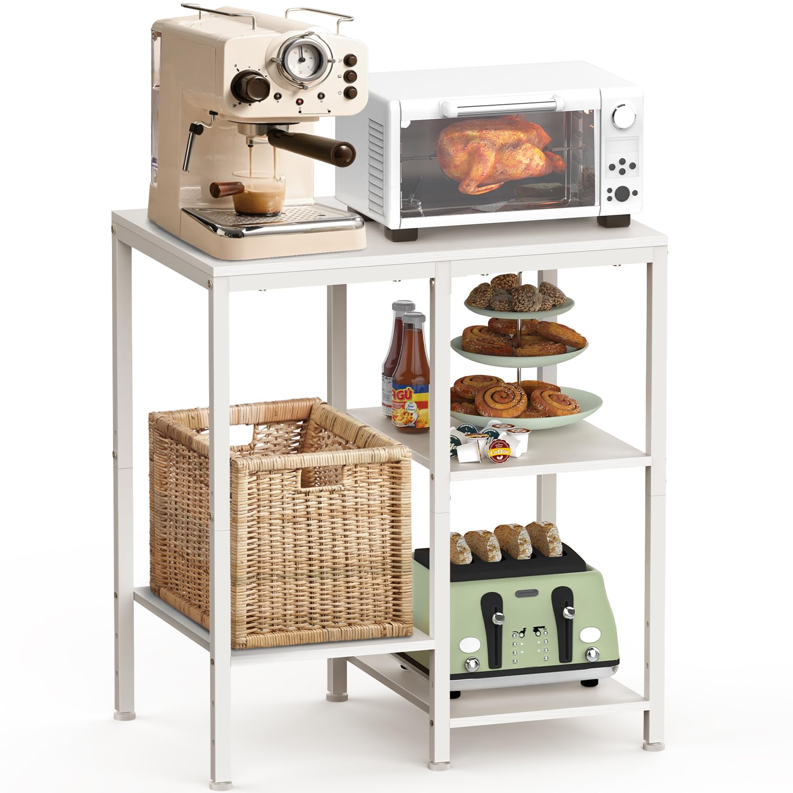OGEMXU Kitchen Microwave Stand,4-Tier Adjustable Bakers Rack,Multi-Purpose Kitchen Storage Cart for Coffee Station,Space-Saving Metal Appliance Shelf for Living Room (White)