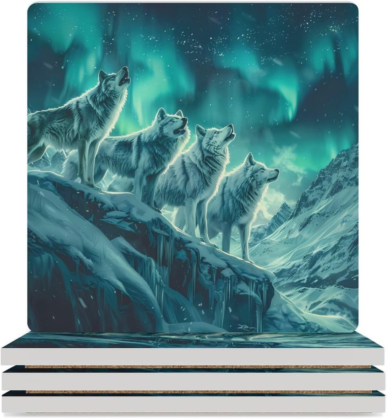 Snowy Wolves Coaster for Drinks Square Ceramic Table Coasters Stone Mat Crafts 6PCS Home Kitchen Decor