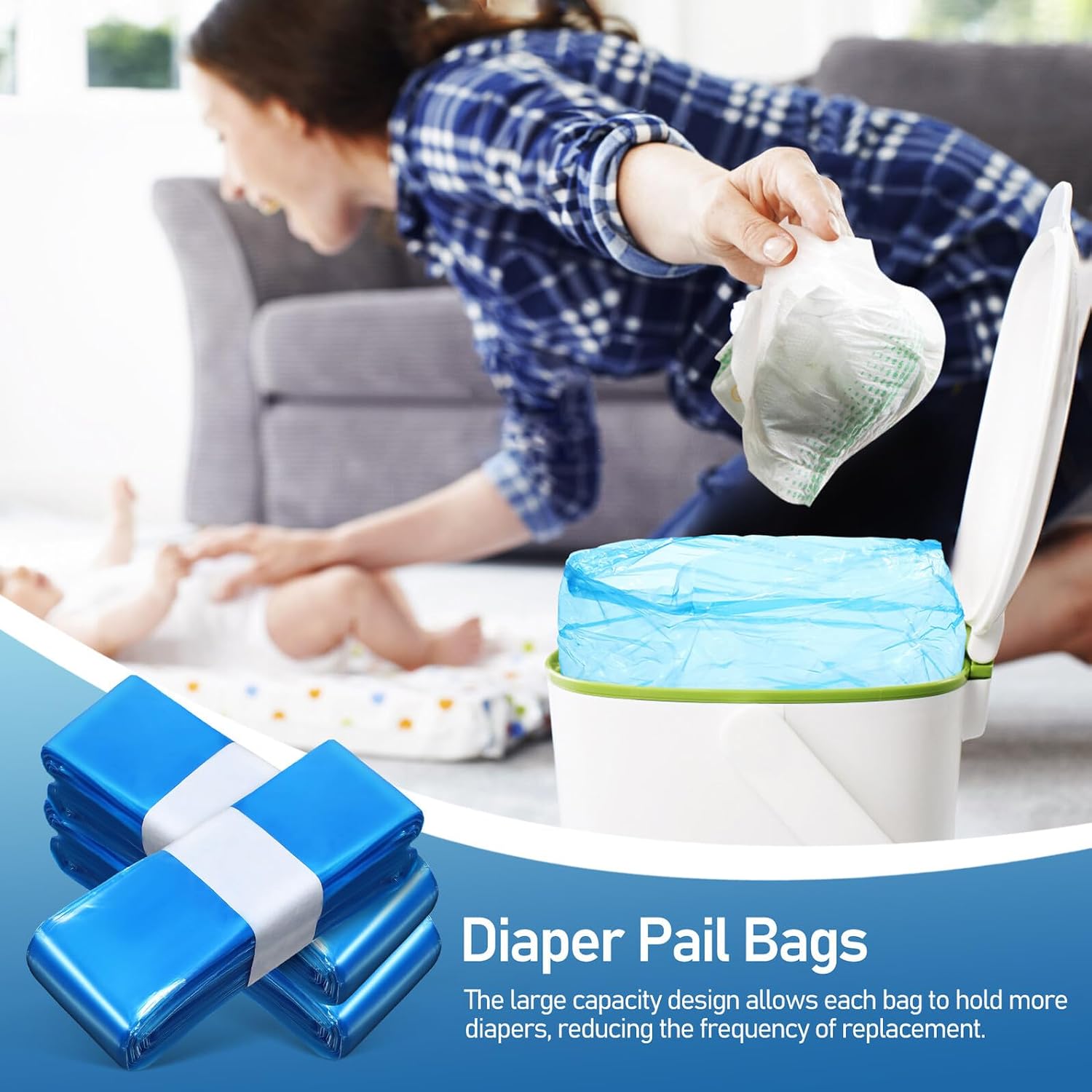 5pcs Diaper Pail Refill Bags Blue Pe Material Diaper Bin Liners for Trash Containers 260mm X 4.5m Suitable for Nursery Waste Disposal